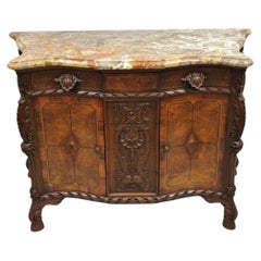 Antique French Louis XV Baroque Burl Walnut Marble Top Commode 5 Drawer Dresser
