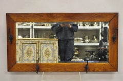 Antique Arts & Crafts Mission Oak Wood Beveled Glass Hall Mirror Iron Coat Hooks