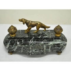 Antique French Empire Figural Bronce y Mármol Perro de Caza Escritorio Tintero Doble