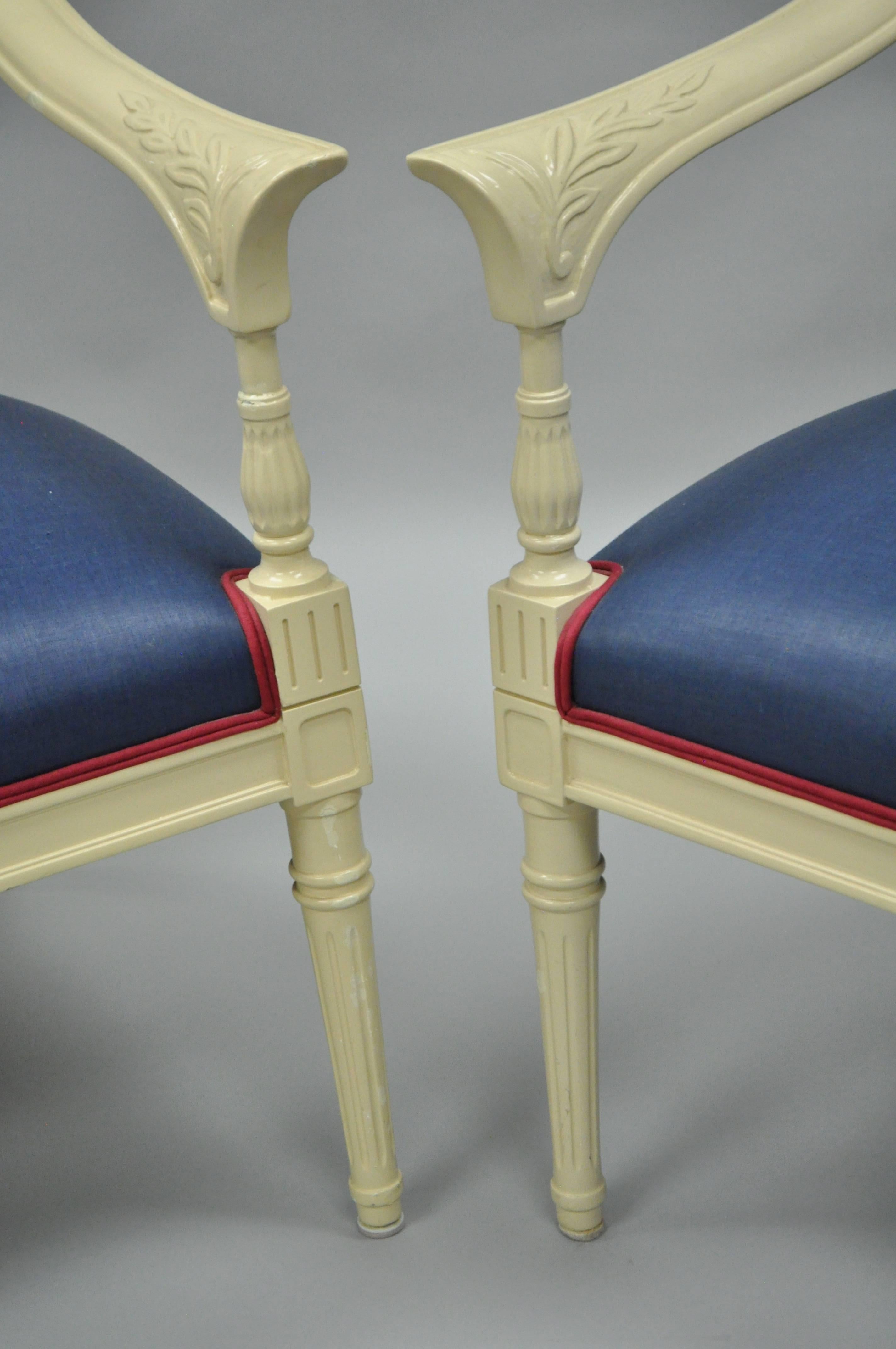 Pair of Cream Lacquered Chinoiserie Blue Barrel Back Lounge Club Arm Chairs In Good Condition In Philadelphia, PA