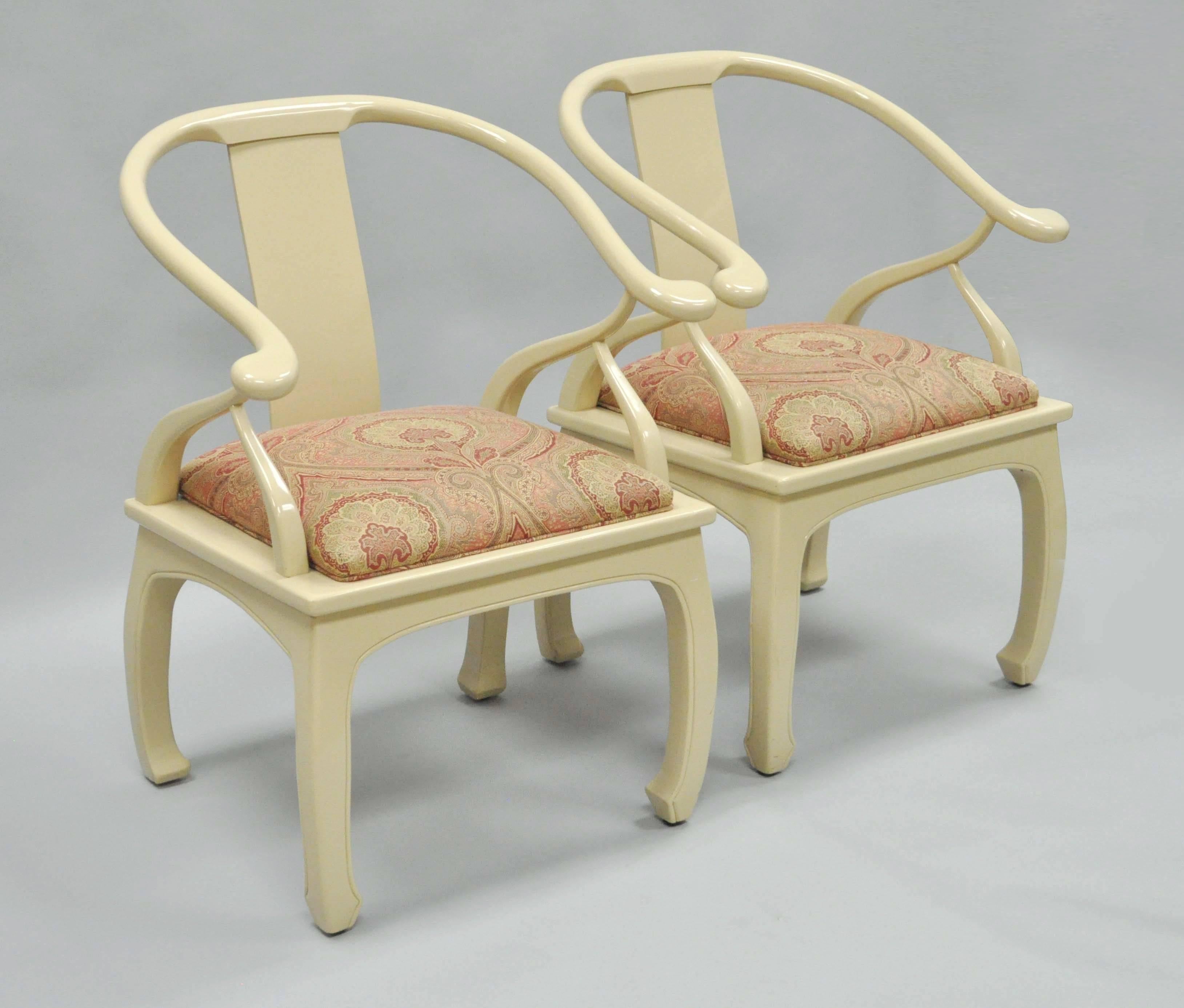 Fabric Pair of Vintage Cream Lacquered James Mont Style Ming Horseshoe Lounge Chairs For Sale