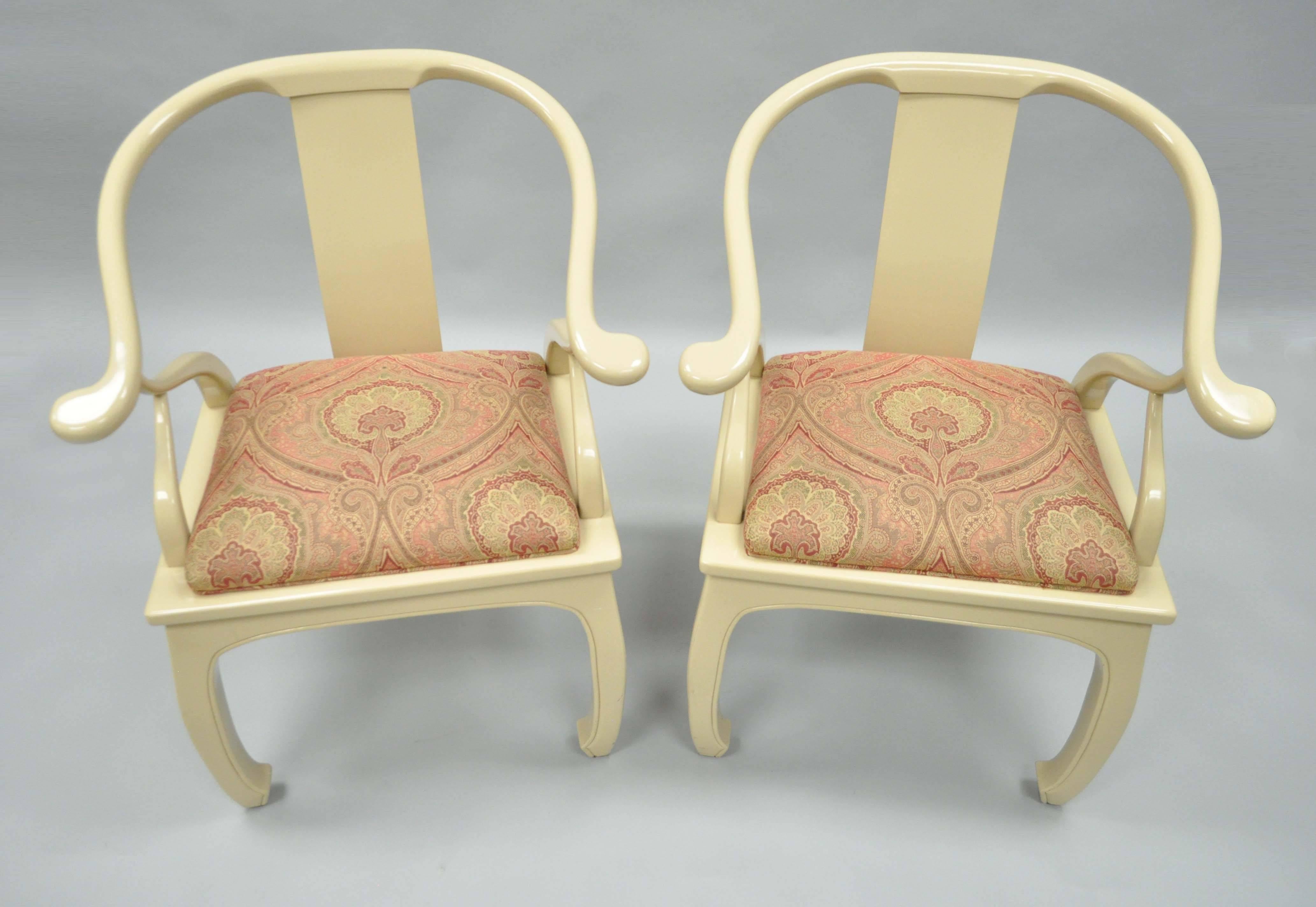 Pair of Vintage Cream Lacquered James Mont Style Ming Horseshoe Lounge Chairs In Good Condition For Sale In Philadelphia, PA