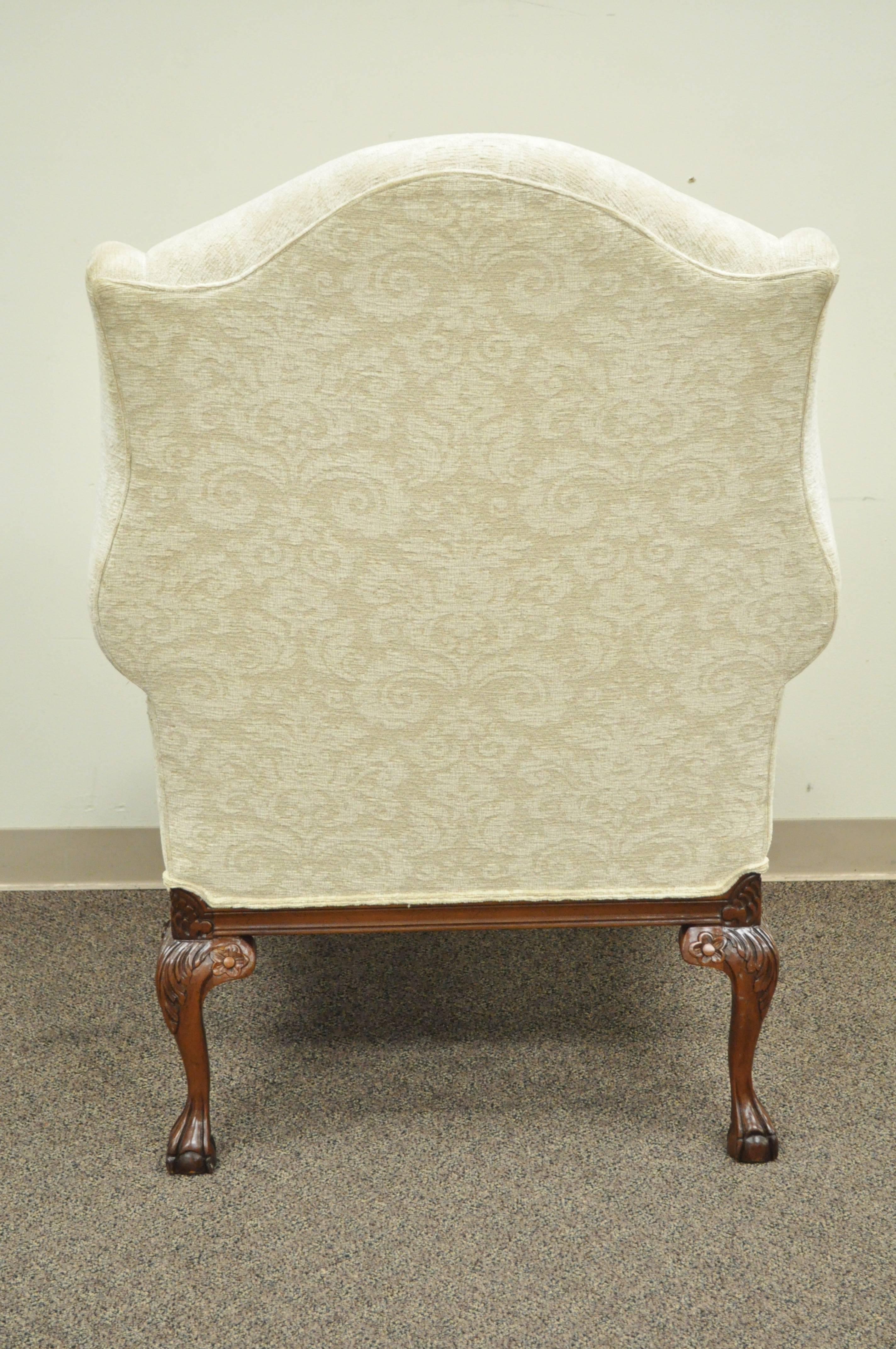 Fabric Oversized Carved Mahogany Ball and Claw Chippendale Style Wingback Arm Chair For Sale