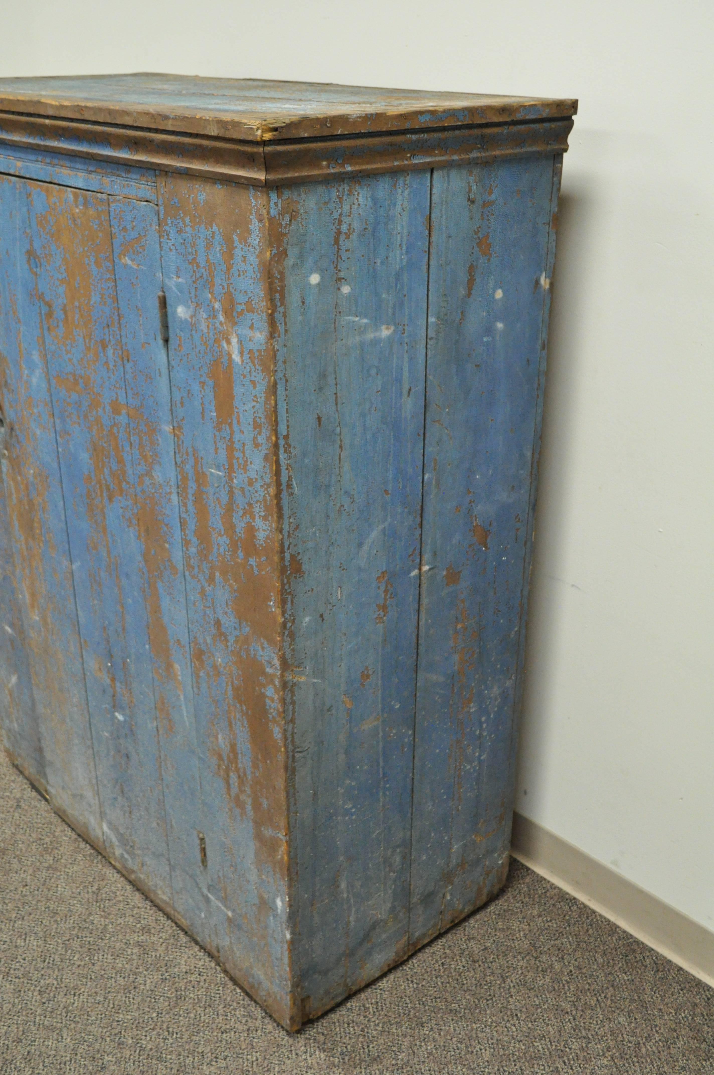 19th Century Antique Blue Distress Painted PA Rustic Primitive Jelly Cupboard Pantry Cabinet