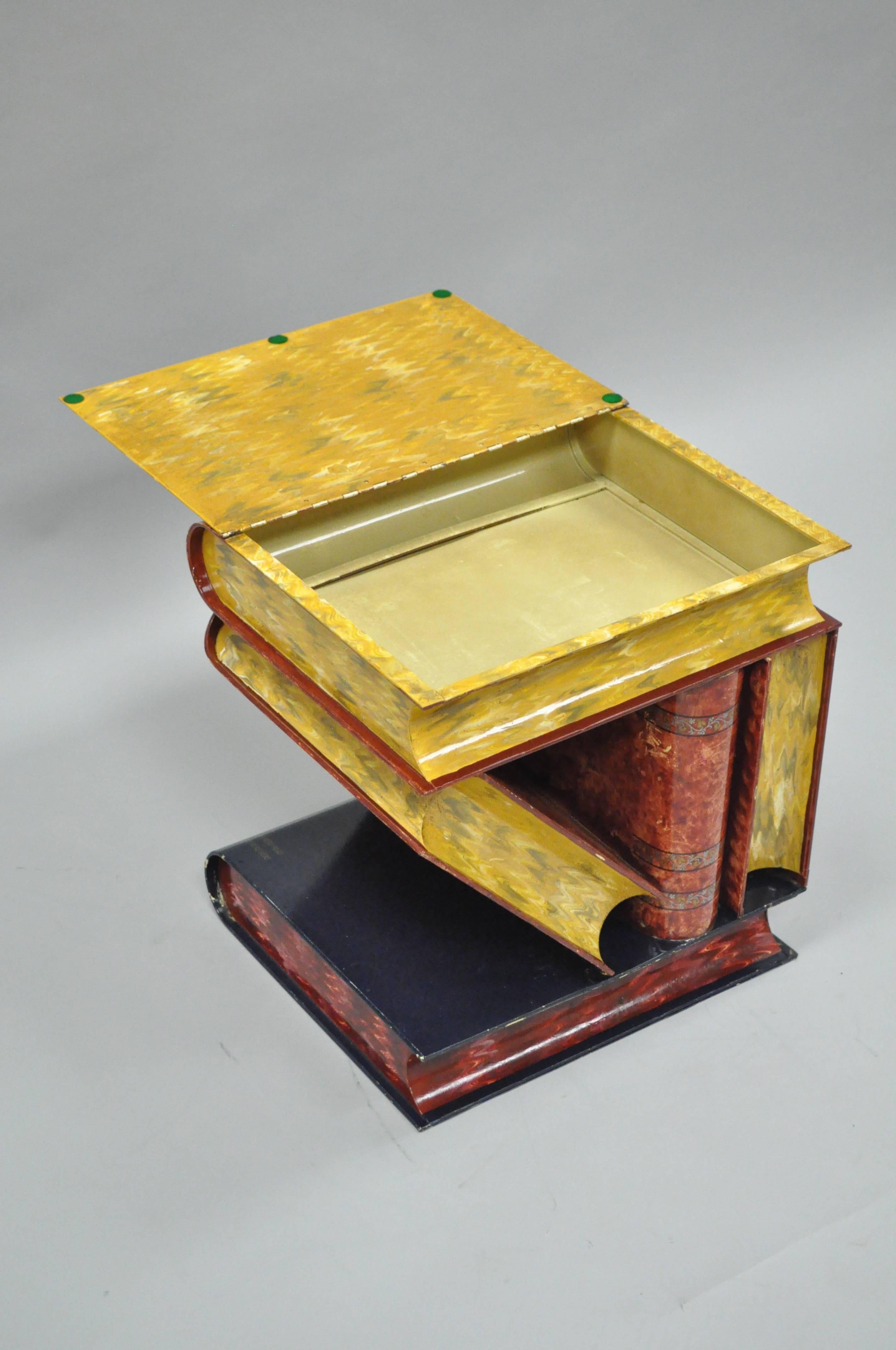 Hollywood Regency Italian Tole Metal Painted Stacked Book Form Flip-Top Side or Accent End Table