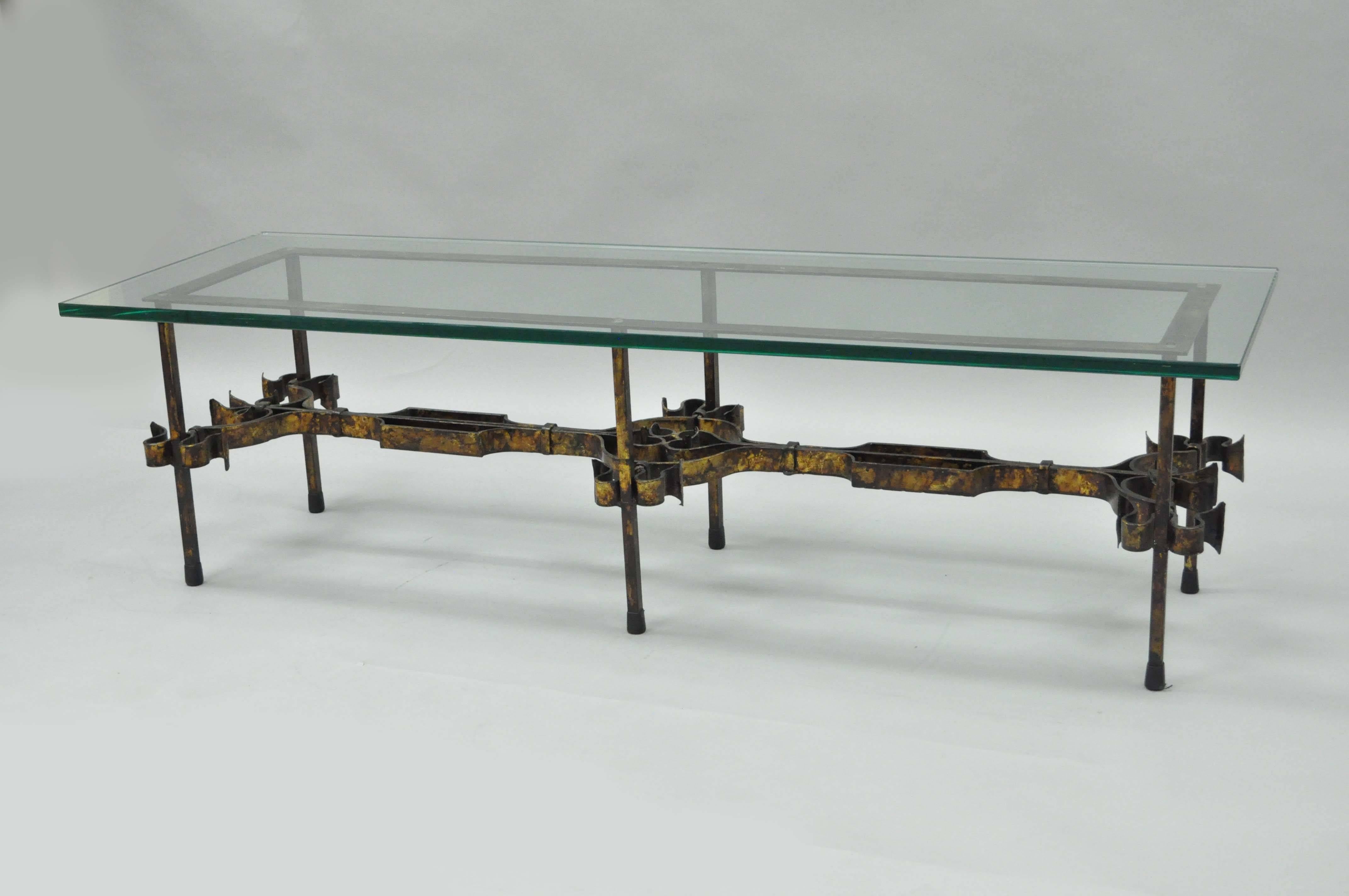 Gothic Hollywood Regency Gold Gilt Scrolling Iron Rectangular Glass Coffee Table 4
