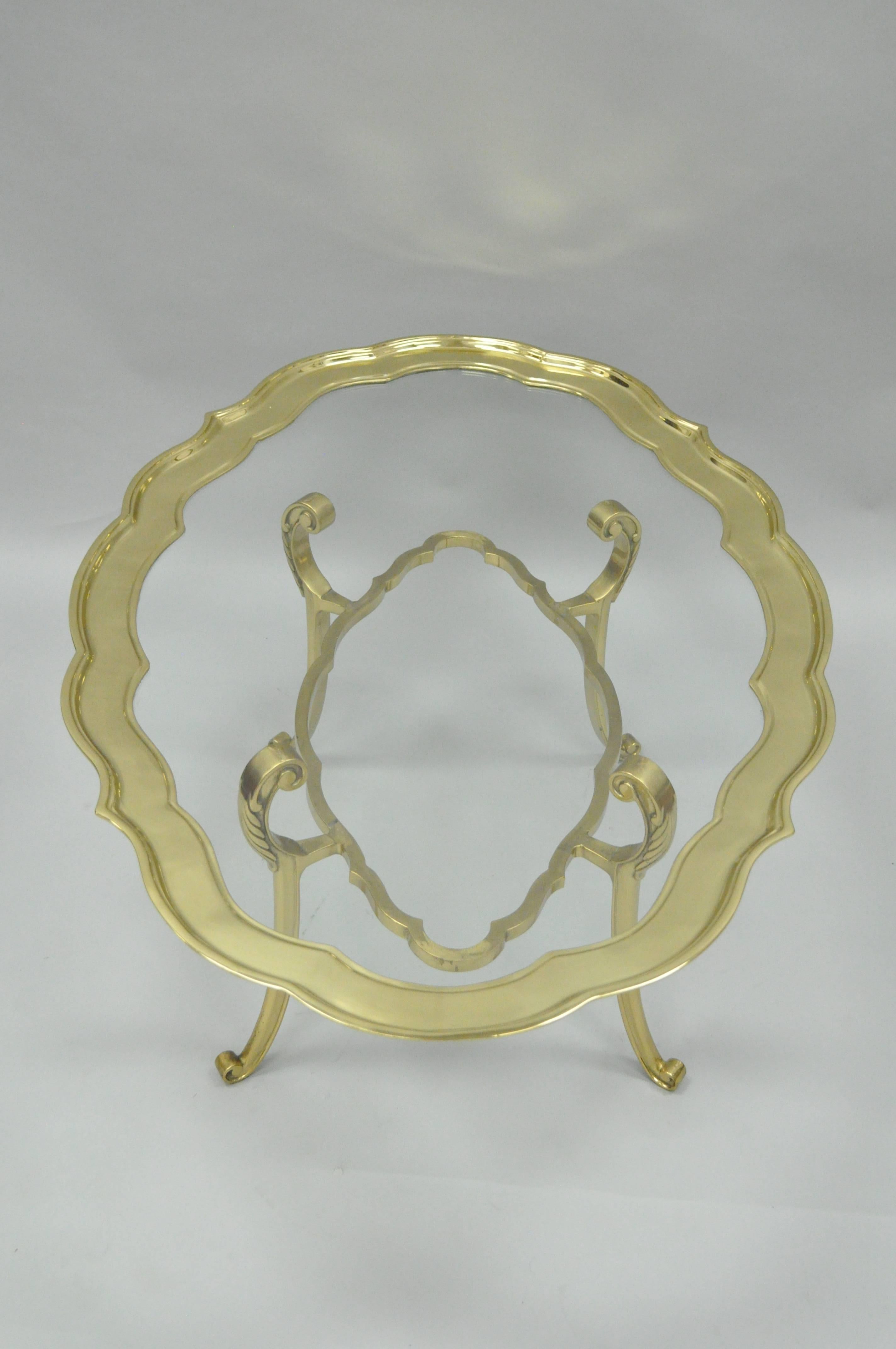 Regency Brass & Glass Serving Scalloped Tray Turtle Top Coffee Table Attr. Baker In Good Condition In Philadelphia, PA