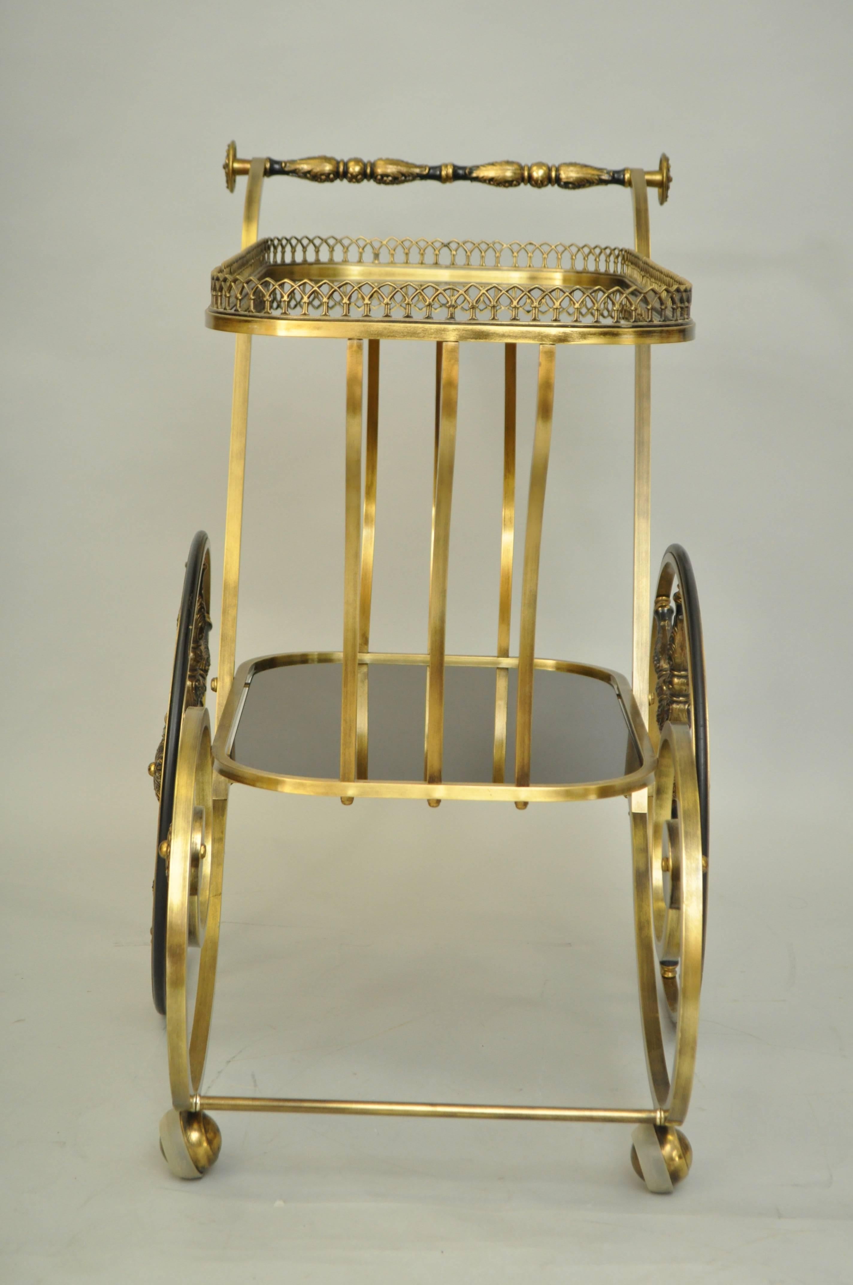 Italian Hollywood Regency Scrolling Brass and Glass Rolling Serving Bar Tea Cart 4