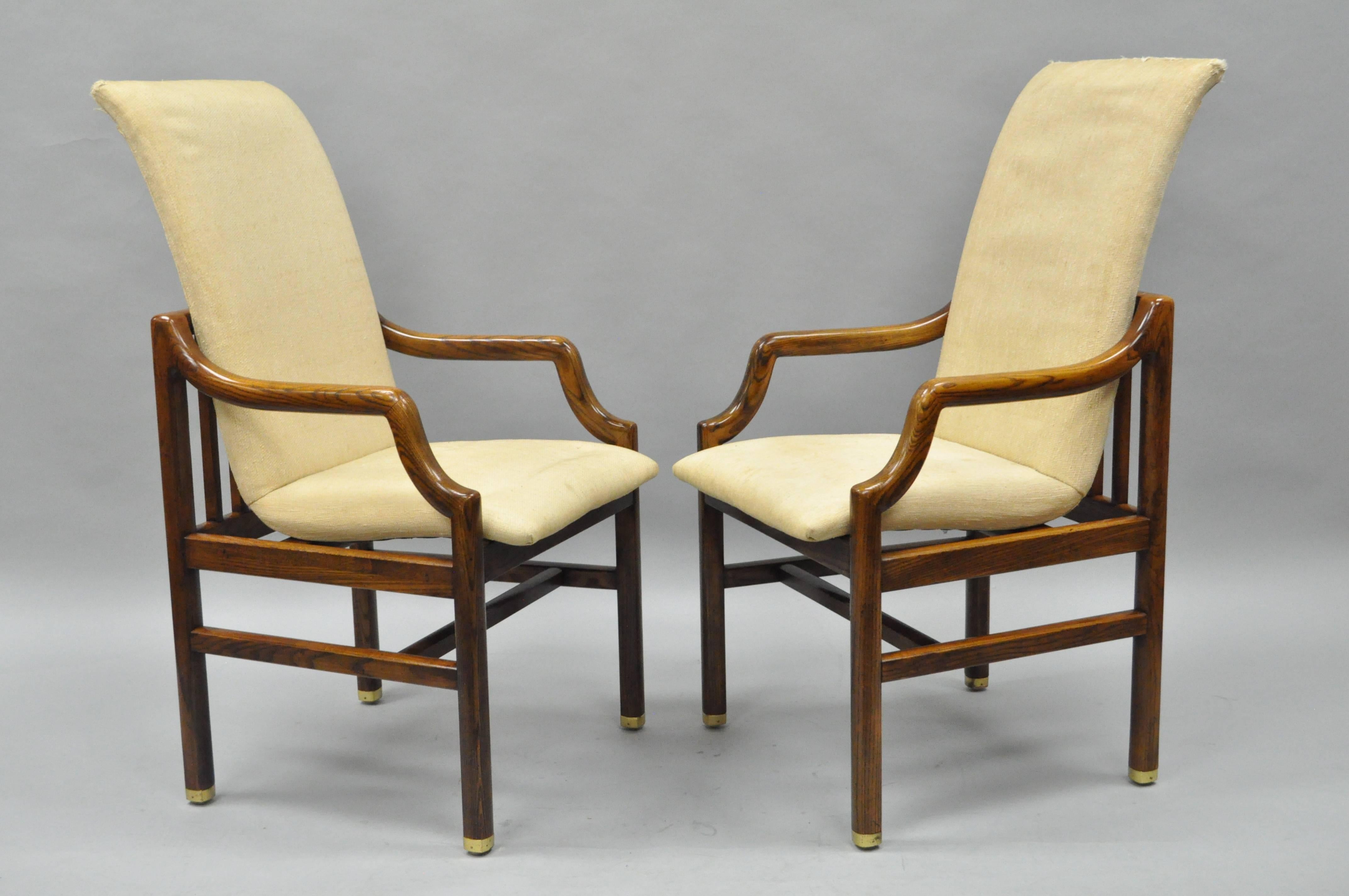 Pair Henredon Mid Century Modern Oak & Brass Dining Arm Chairs After James Mont 1