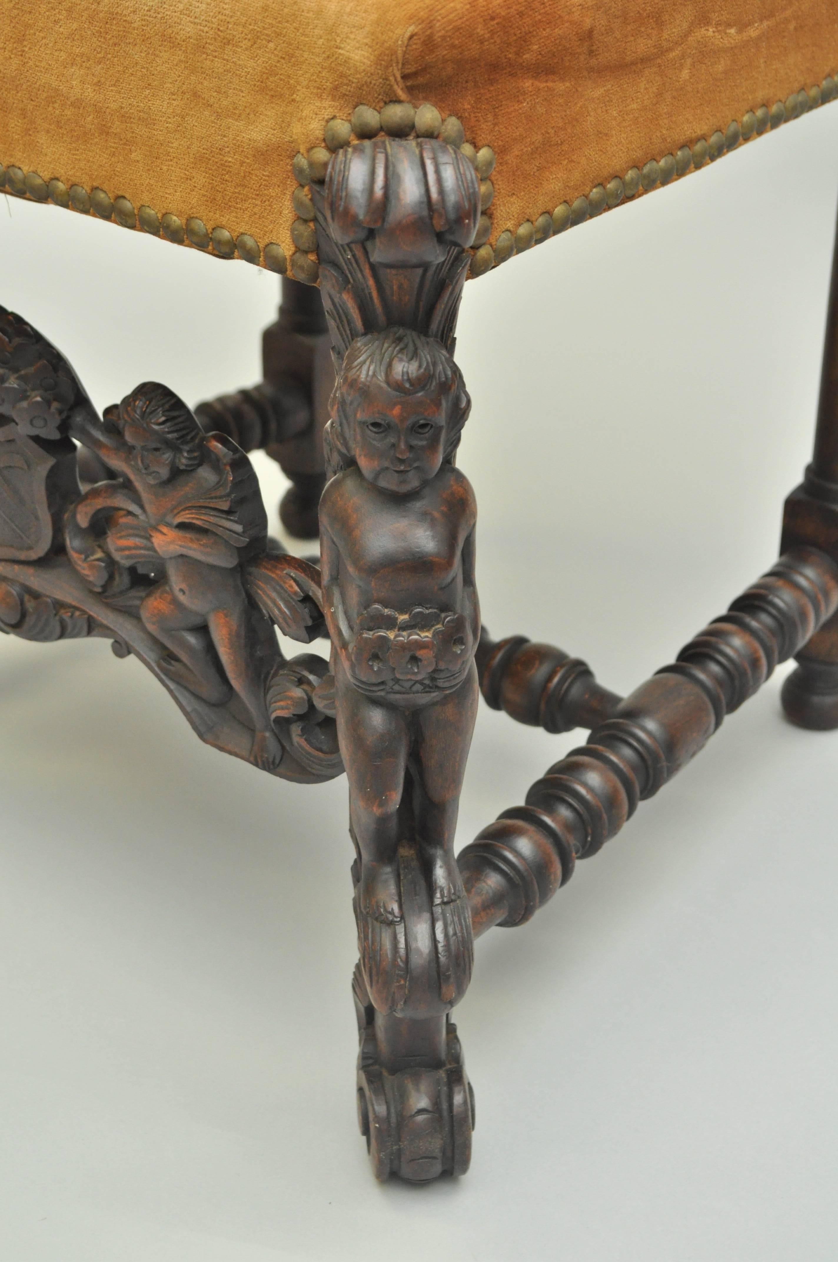 Finely Carved 19th Century Figural Walnut Italian Renaissance Tall Back Chair In Excellent Condition In Philadelphia, PA