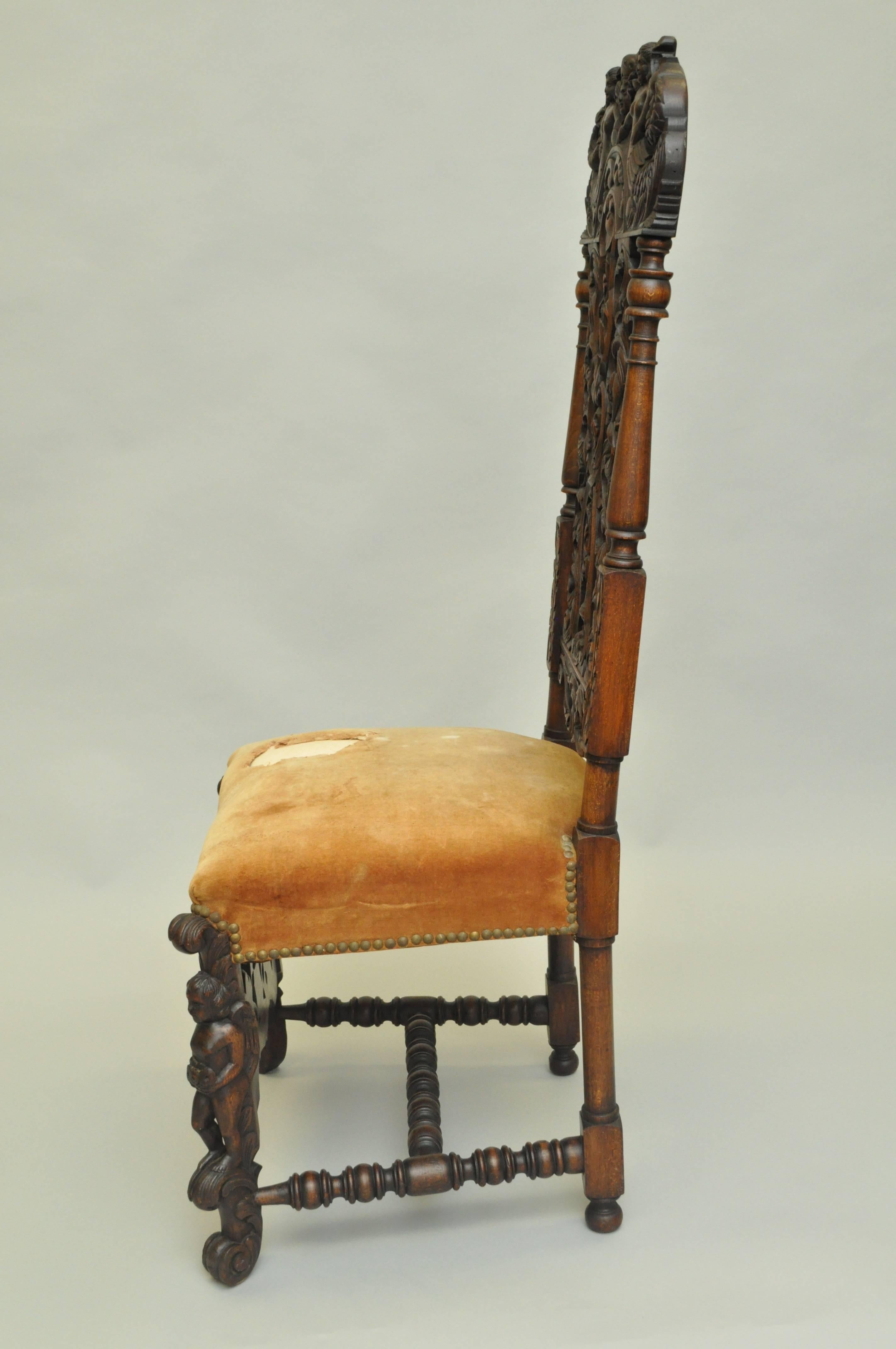 Finely Carved 19th Century Figural Walnut Italian Renaissance Tall Back Chair 3