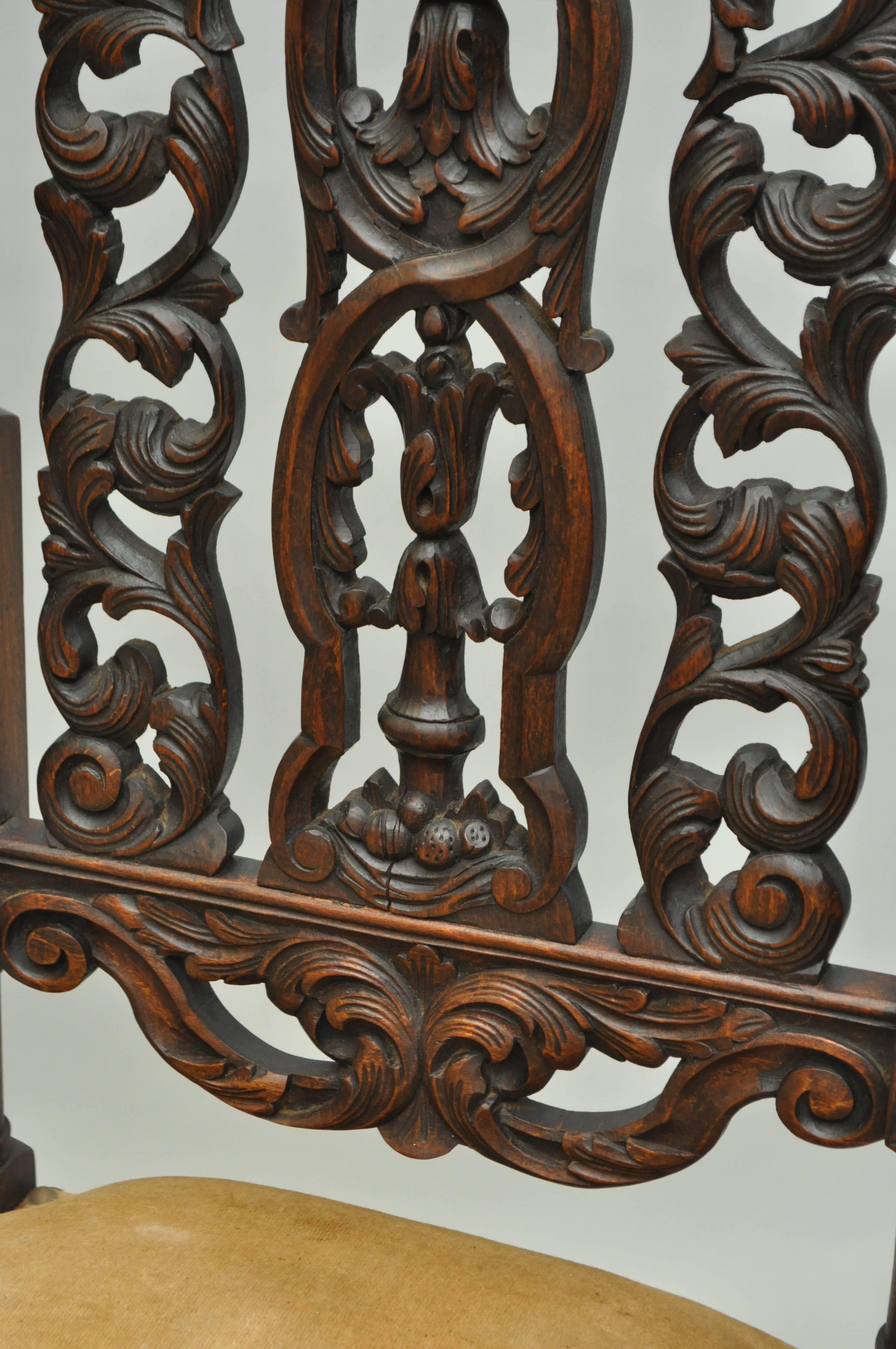 Finely Carved 19th Century Figural Walnut Italian Renaissance Tall Back Chair 1