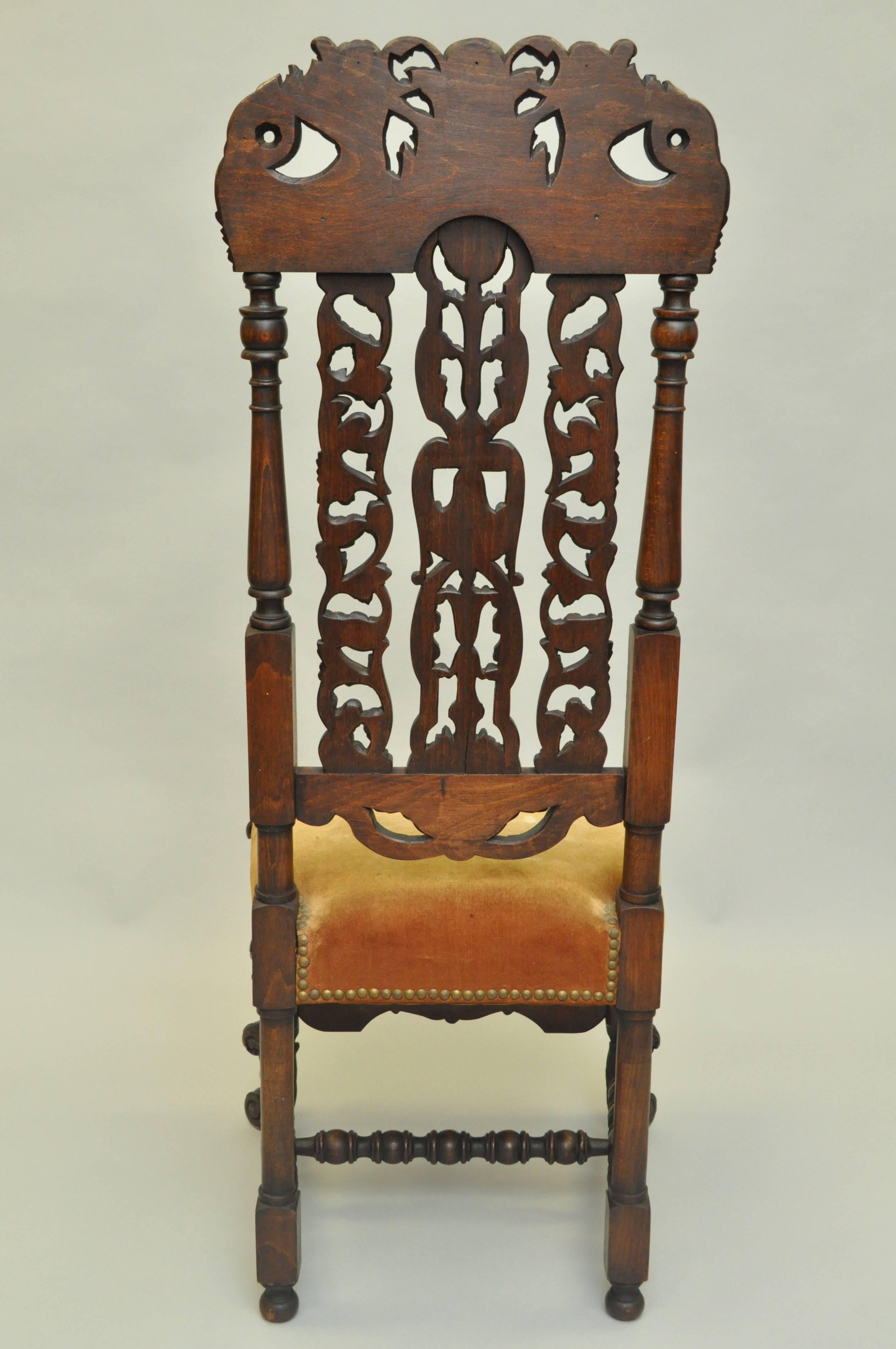 Finely Carved 19th Century Figural Walnut Italian Renaissance Tall Back Chair 4