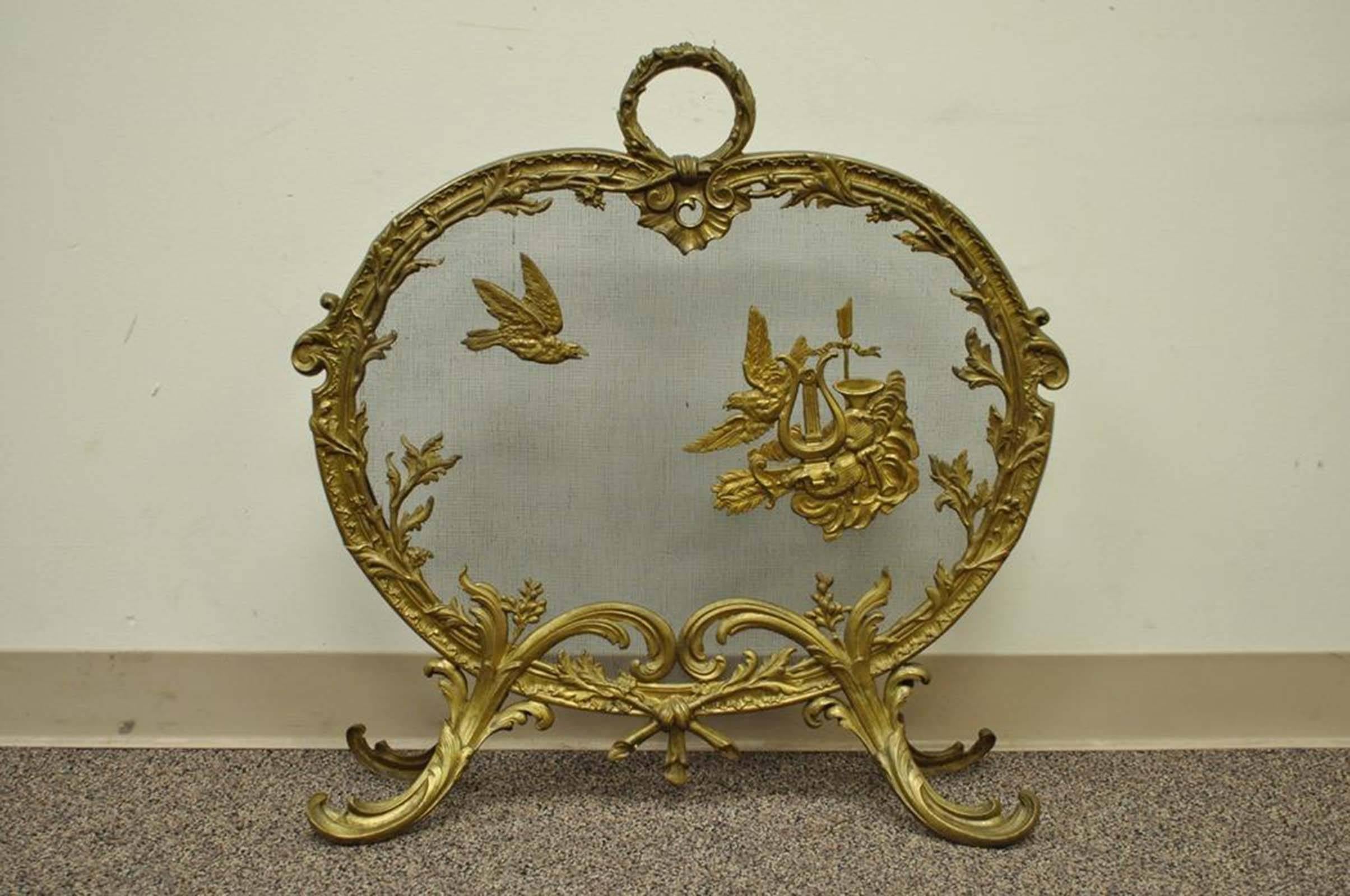 Antique French Rococo Louis XV Style Cast Bronze Birds Fireplace Fire Screen 6