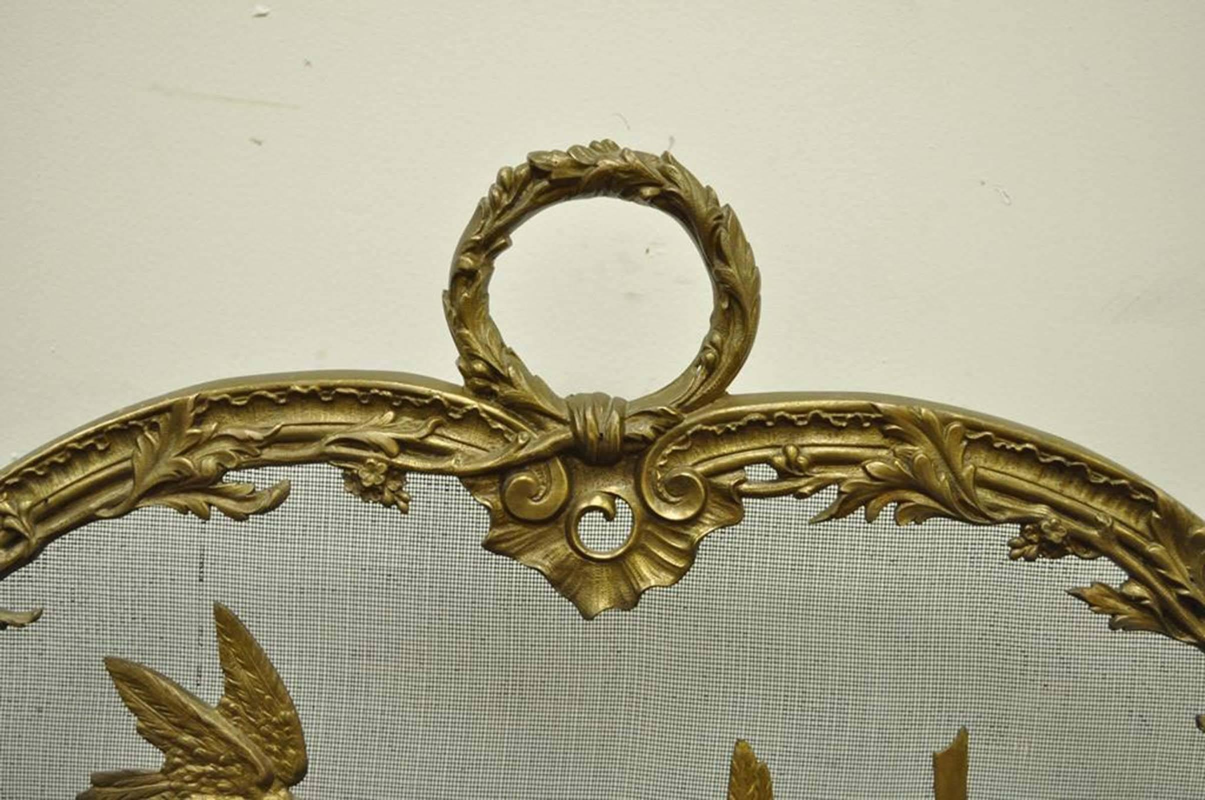 Antique French Rococo Louis XV Style Cast Bronze Birds Fireplace Fire Screen In Good Condition In Philadelphia, PA