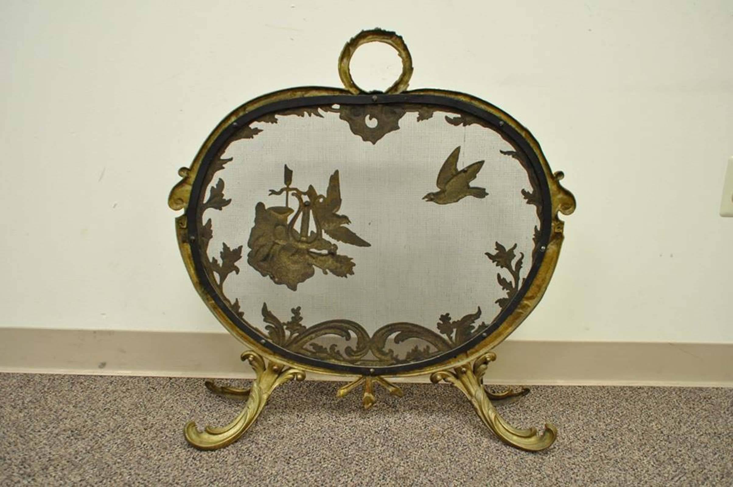 Antique French Rococo Louis XV Style Cast Bronze Birds Fireplace Fire Screen 4