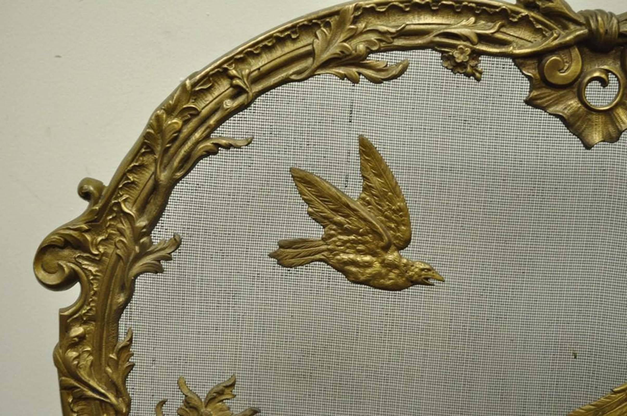 20th Century Antique French Rococo Louis XV Style Cast Bronze Birds Fireplace Fire Screen