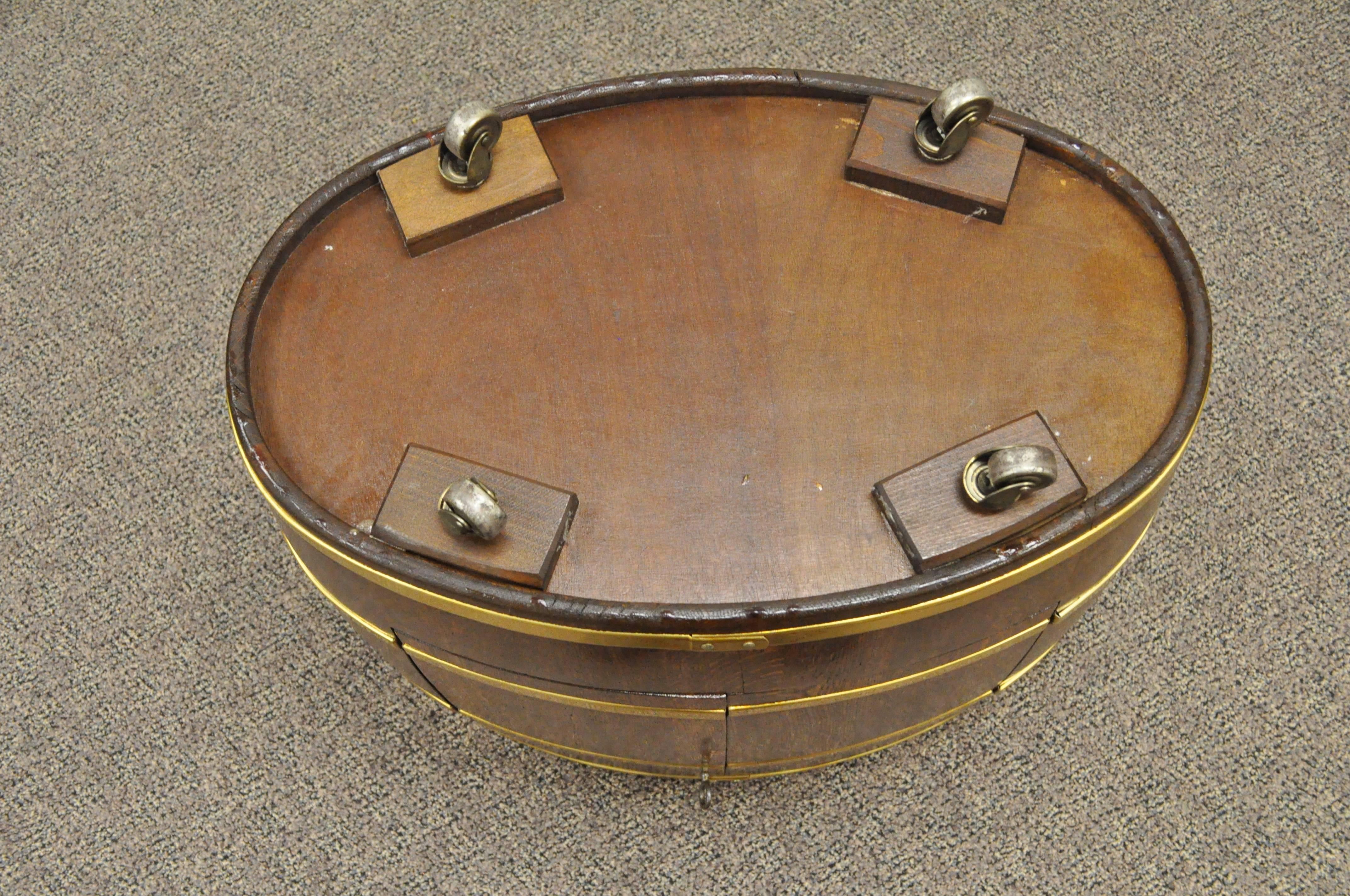 Vintage Custom Small French Oak & Brass Oval Wine Barrel Bar Cart Cabinet Table In Good Condition In Philadelphia, PA