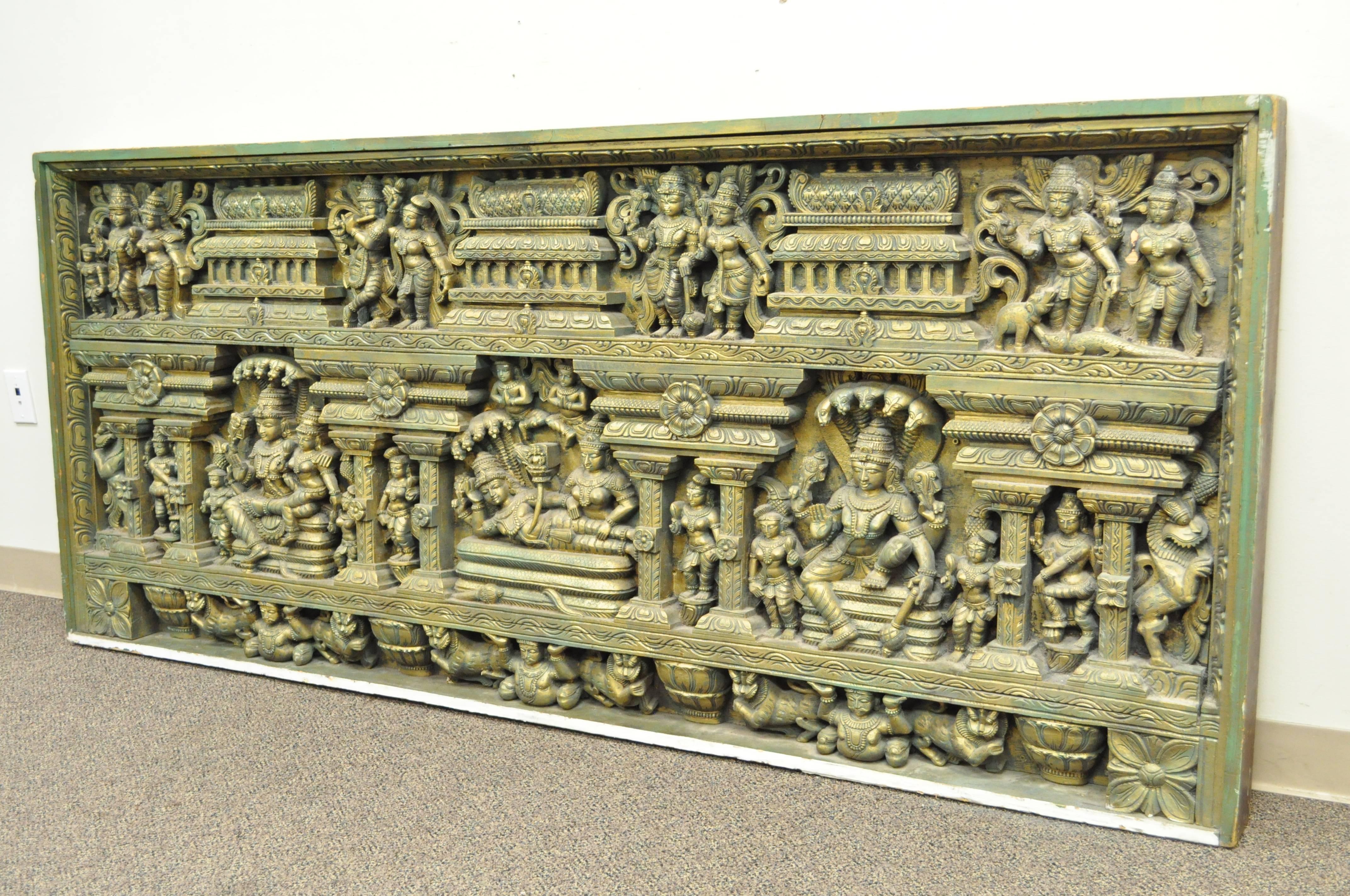 Large 19th Century Asian Thai Buddha Temple Carved Wood Architectural Panel Art 6