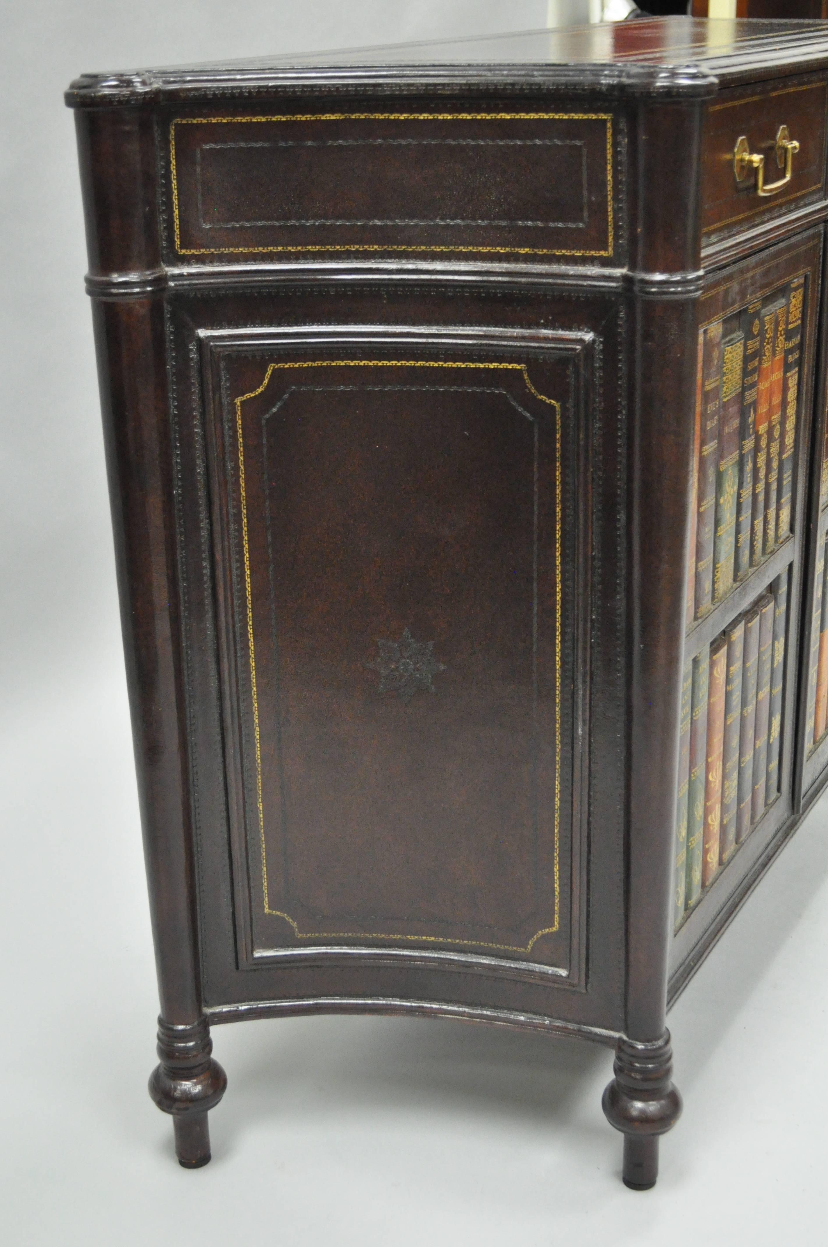 Maitland Smith Tooled Leather Faux Book Commode Demilune Console Table Cabinet In Good Condition In Philadelphia, PA