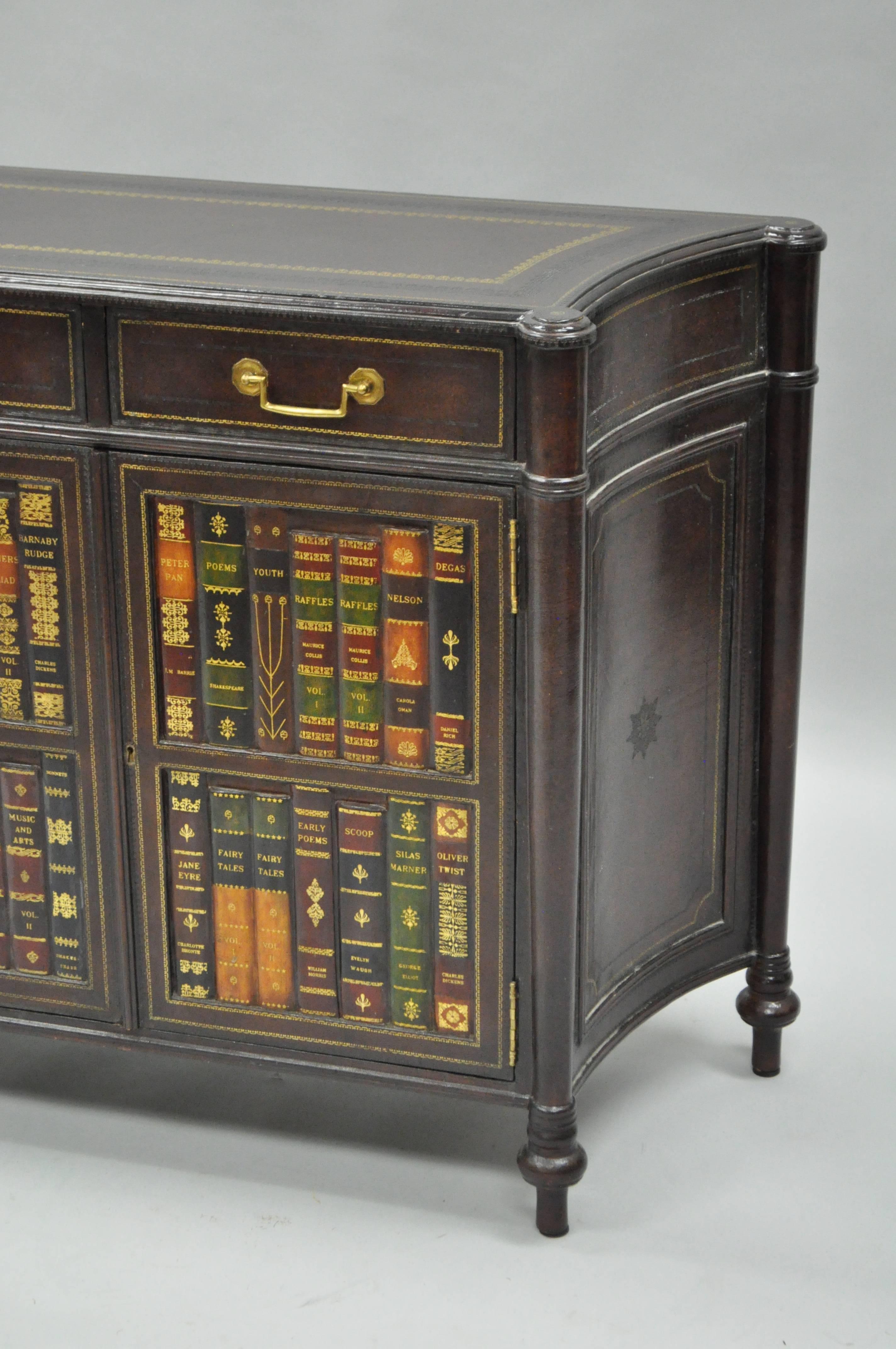 Philippine Maitland Smith Tooled Leather Faux Book Commode Demilune Console Table Cabinet