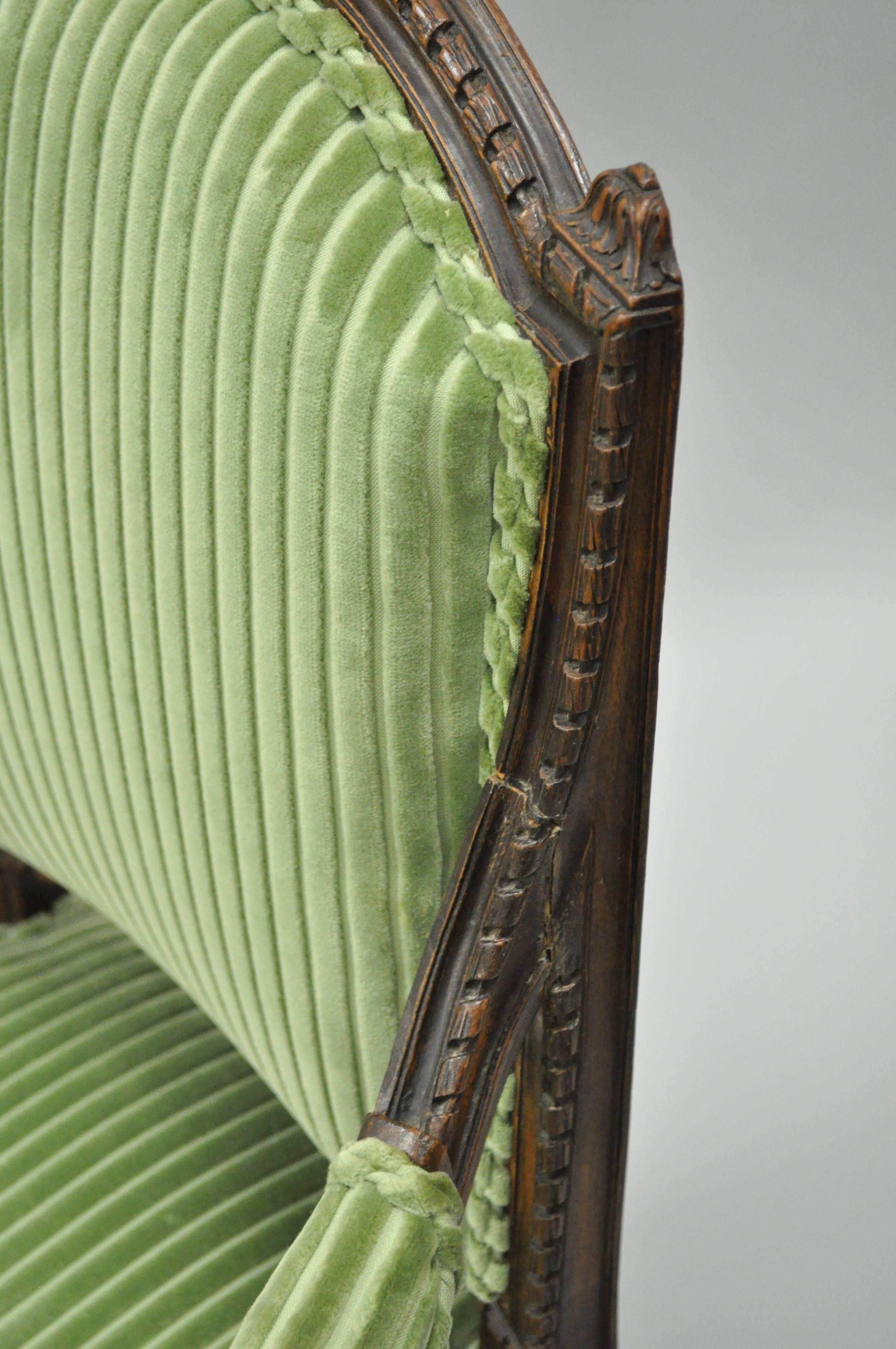 Pair of French Louix XVI Directoire Carved Walnut Green Fauteuil Arm Chairs 1