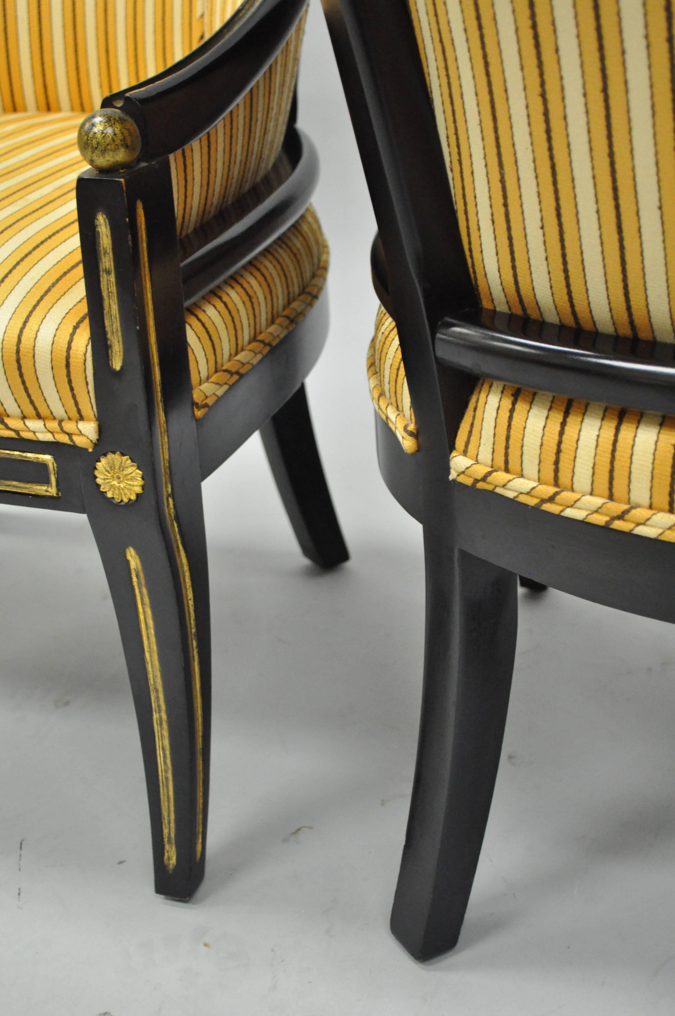 Neoclassical Pair Black Ebonized Gold Regency Barrel Back Slipper Accent Club Lounge Chairs