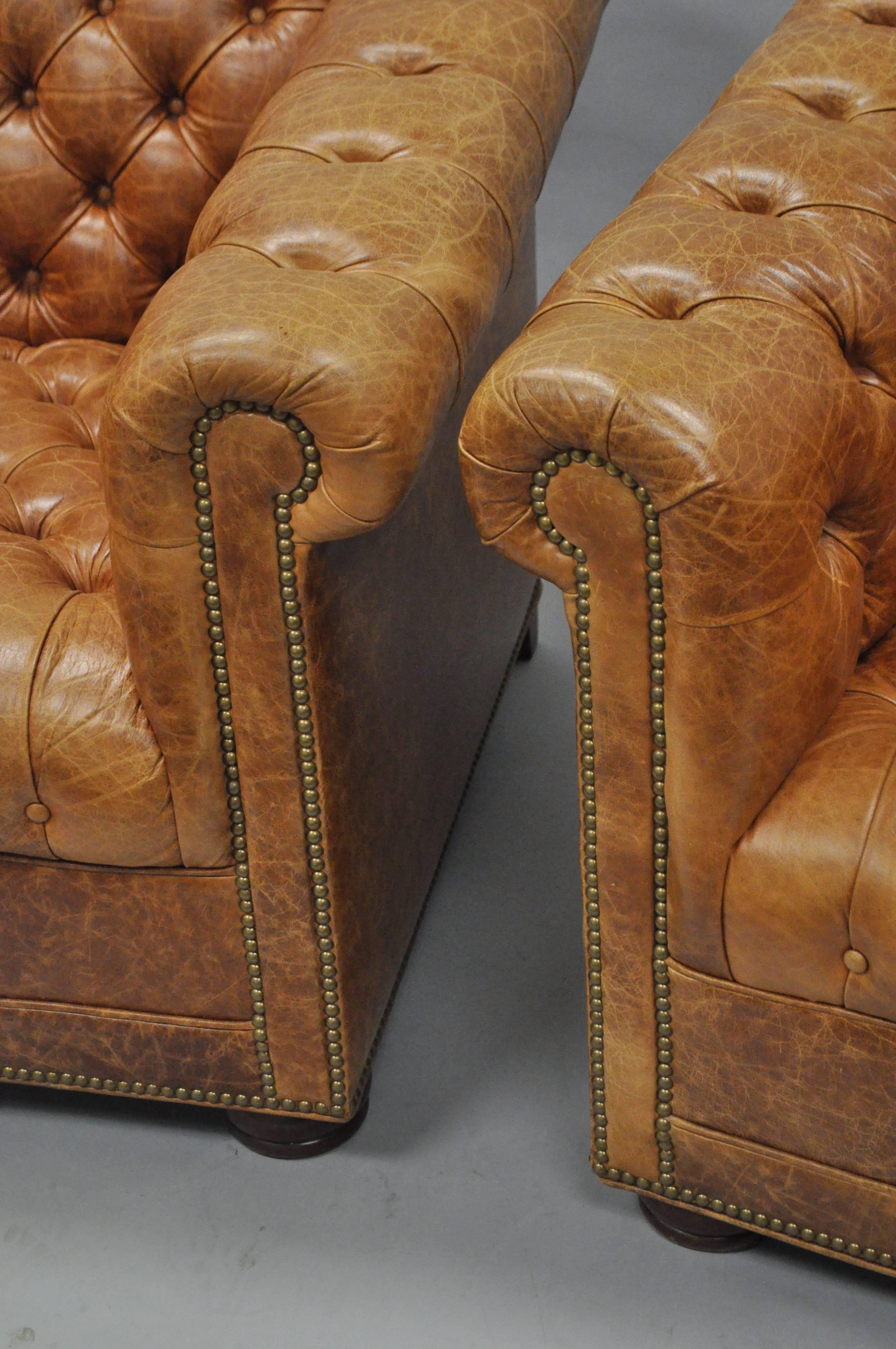 Pair of Leathercraft Tufted Chesterfield Cognac Leather Lounge Club