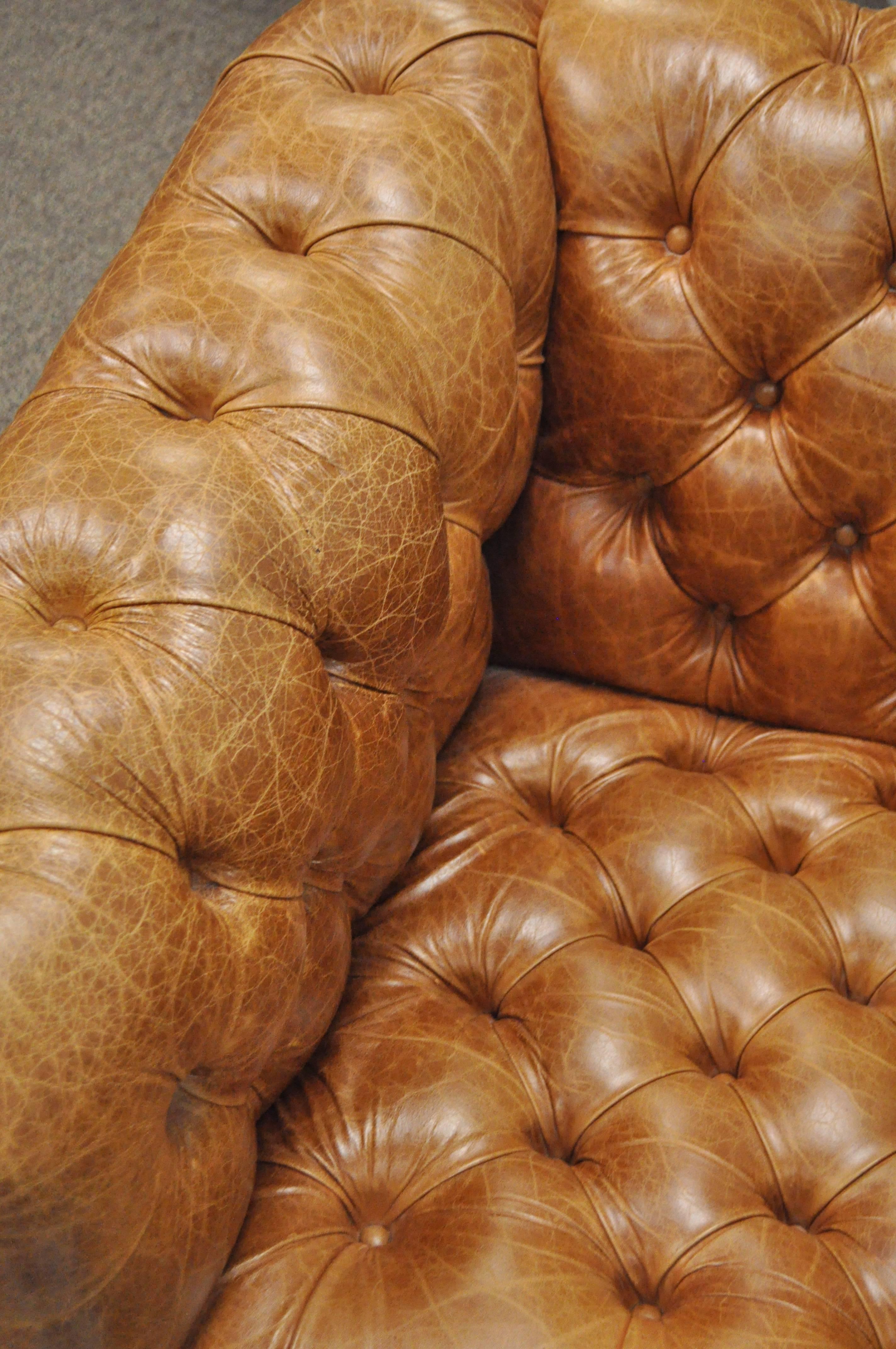 American Pair of Leathercraft Tufted Chesterfield Cognac Leather Lounge Club Chairs