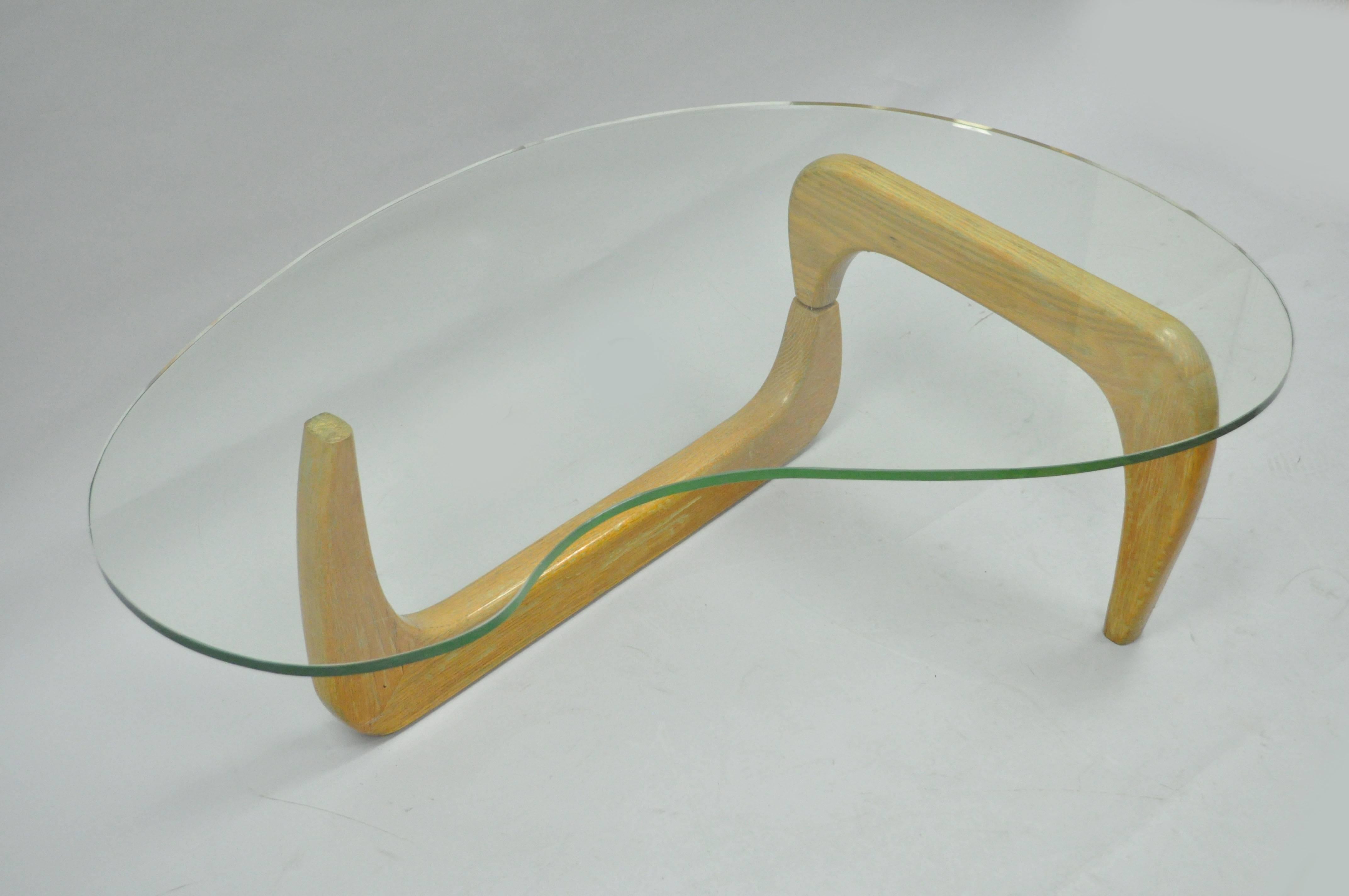1950s Cerused Oak & Glass Kidney Shape Biomorphic Coffee Table, Noguchi Style 1