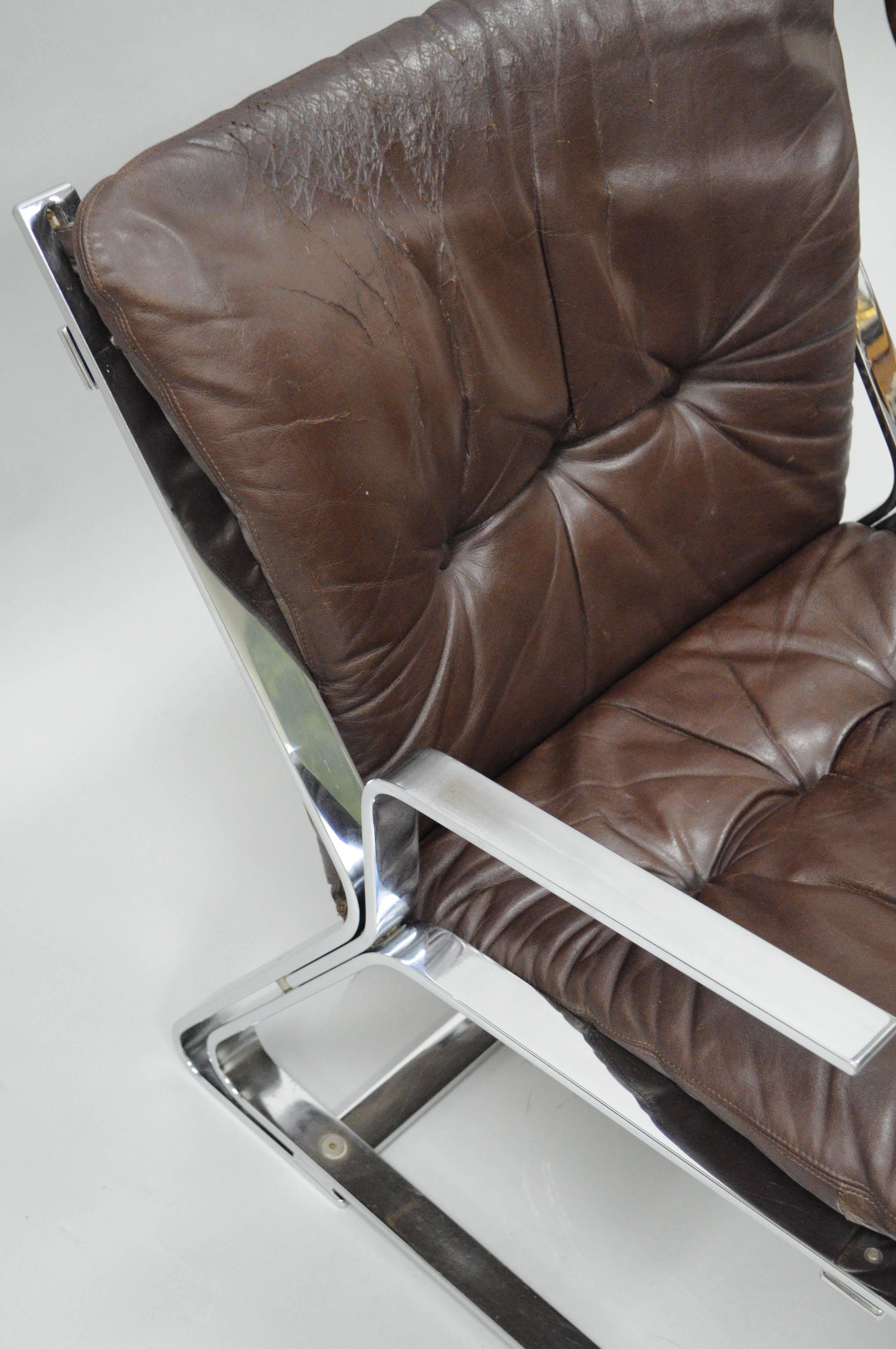 Norwegian Pirate Lounge Chair Brown Leather & Chrome by Elsa & Nordahl Solheim for Rykkin For Sale