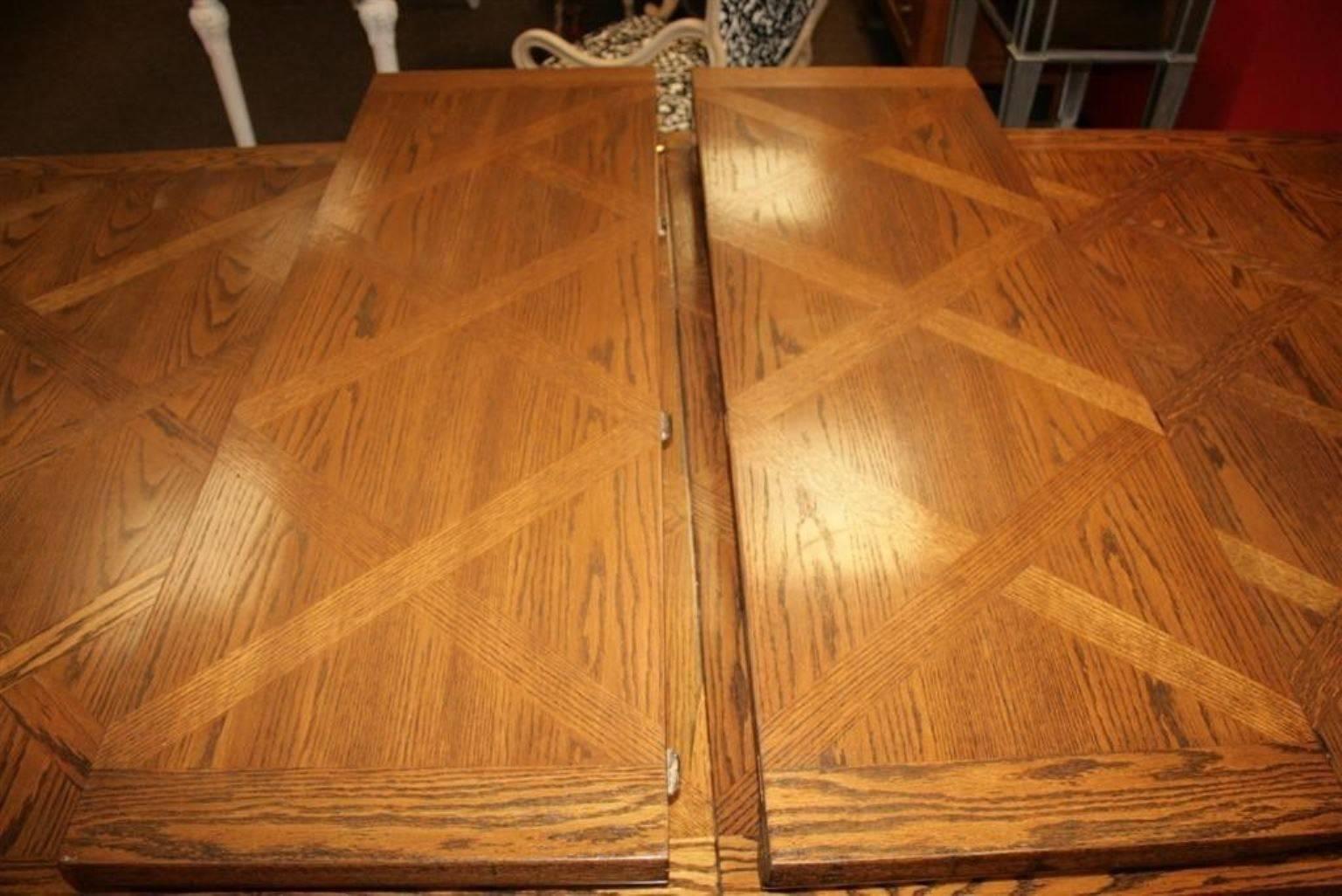 Large French Country Oak Parquetry Top Extension Dining Table Louis XV Style In Good Condition In Philadelphia, PA