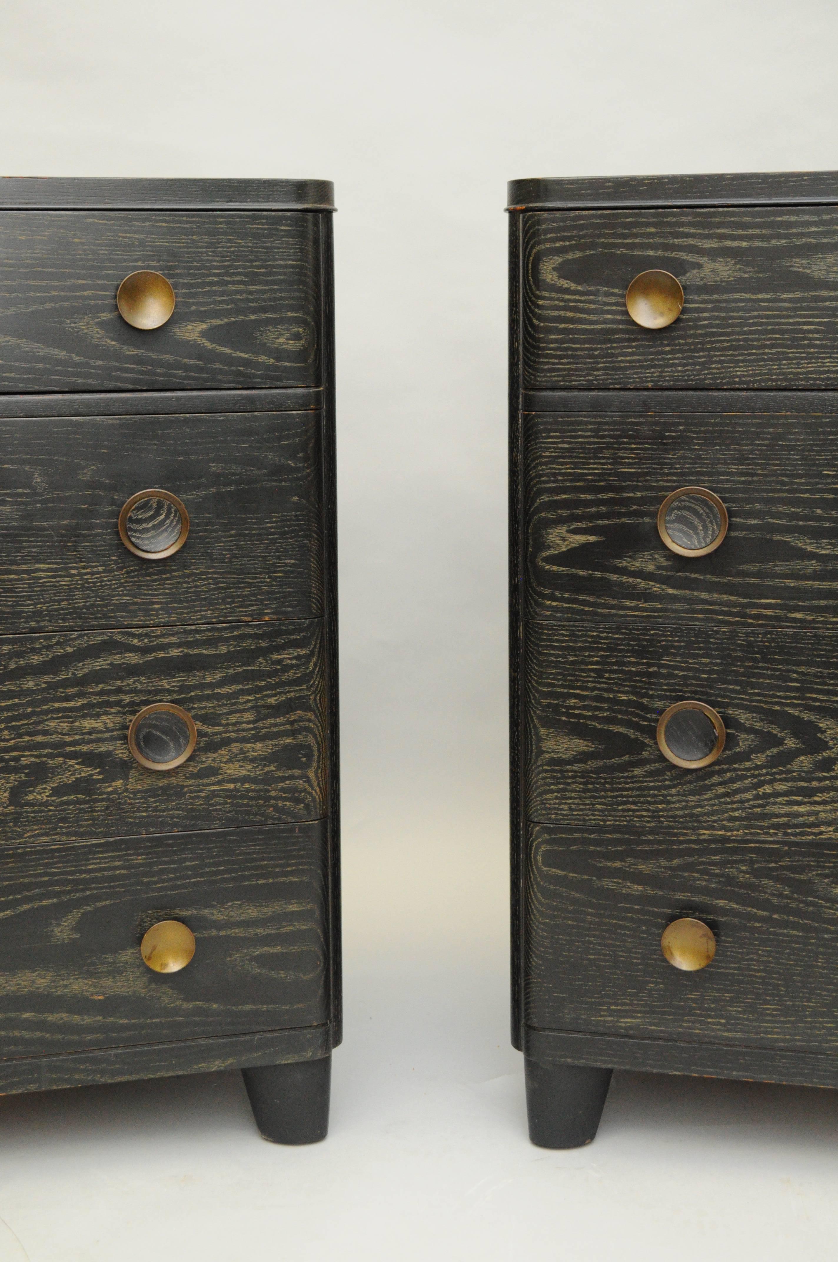 American Pair of 1950s Black Cerused Oak Bachelor Chest Commodes Gilbert Rohde Attributed