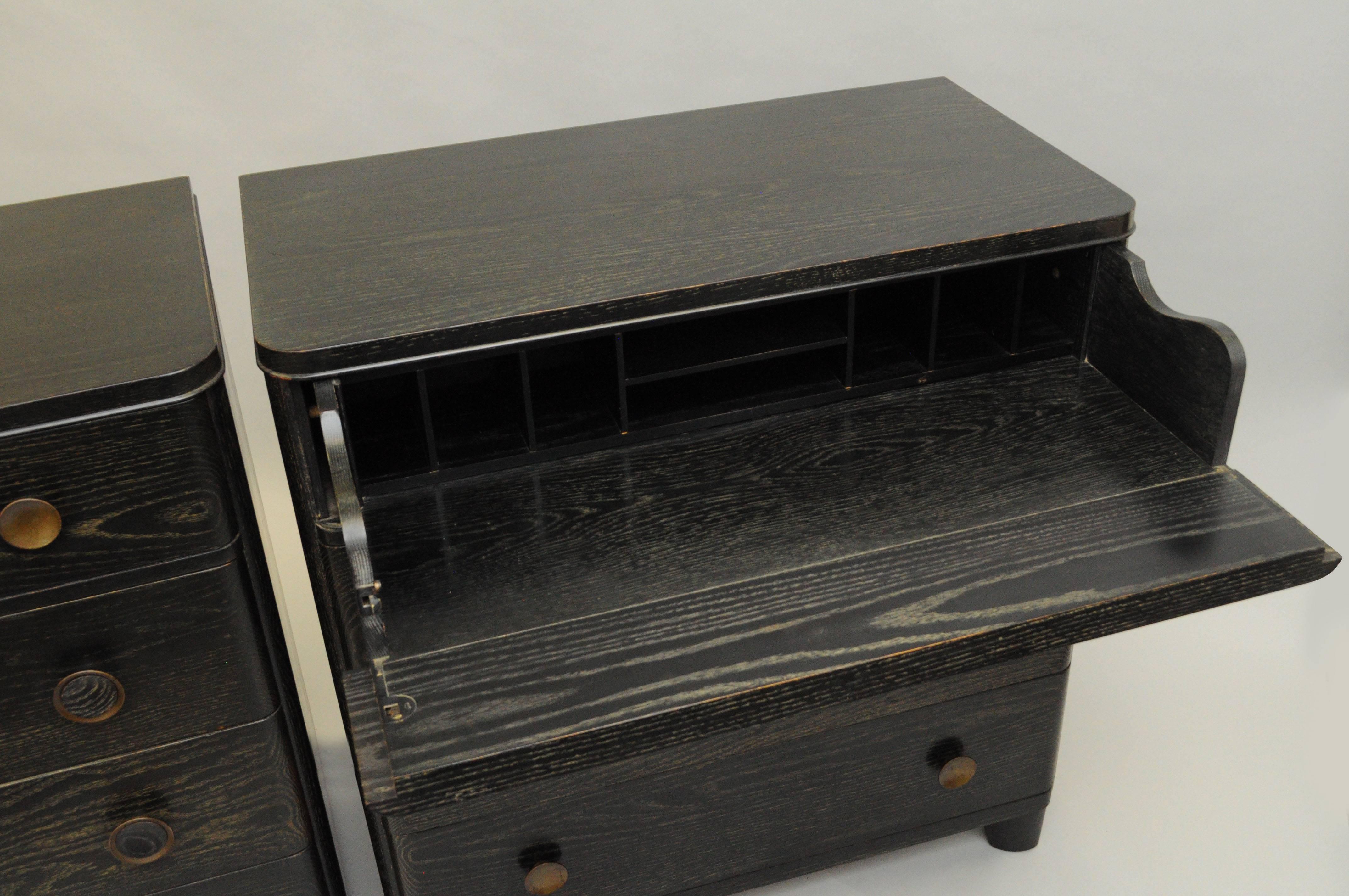 Mid-20th Century Pair of 1950s Black Cerused Oak Bachelor Chest Commodes Gilbert Rohde Attributed