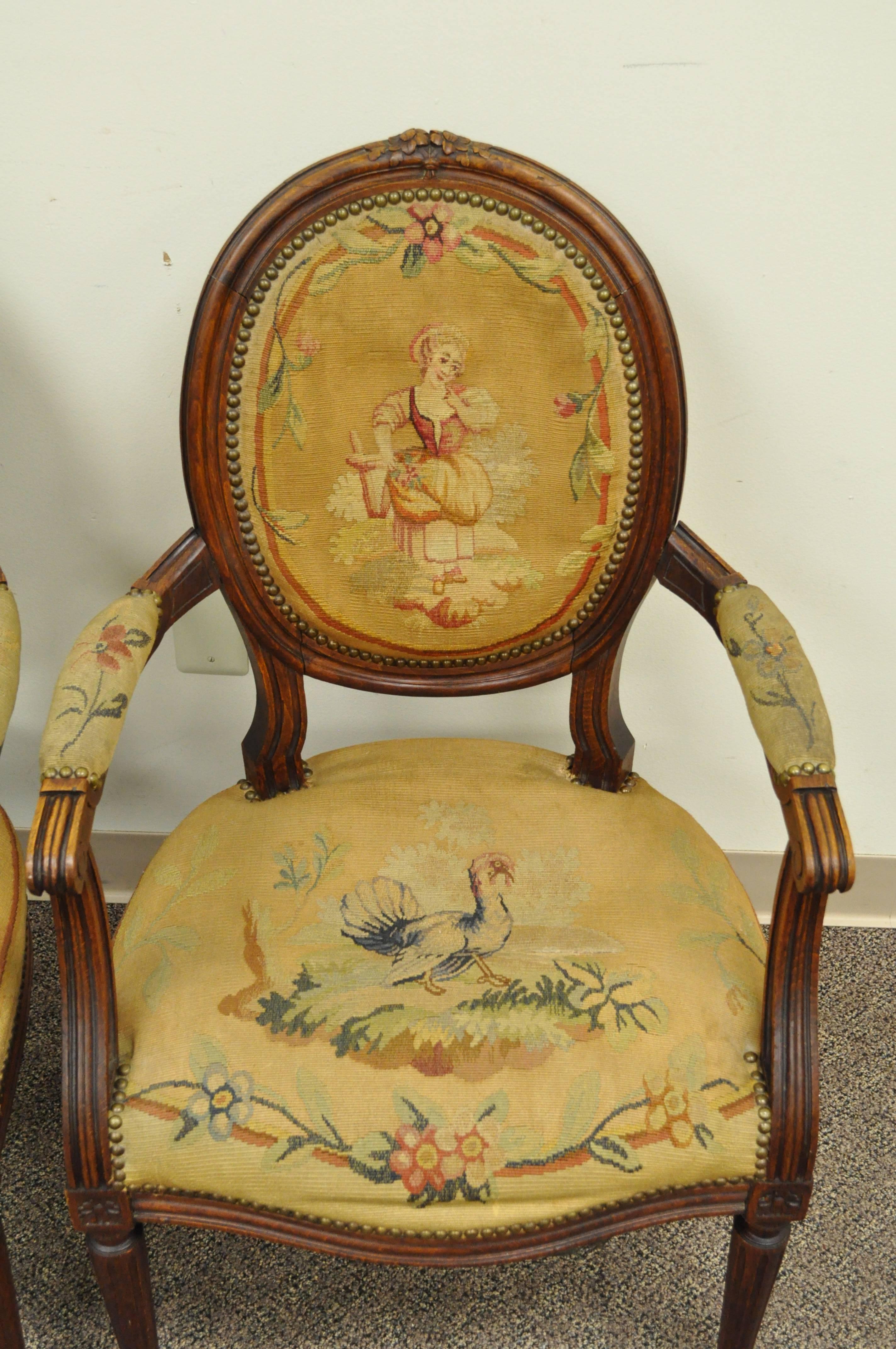 Pair of 19th Century French Louis XVI Style Walnut Armchairs For Sale 1