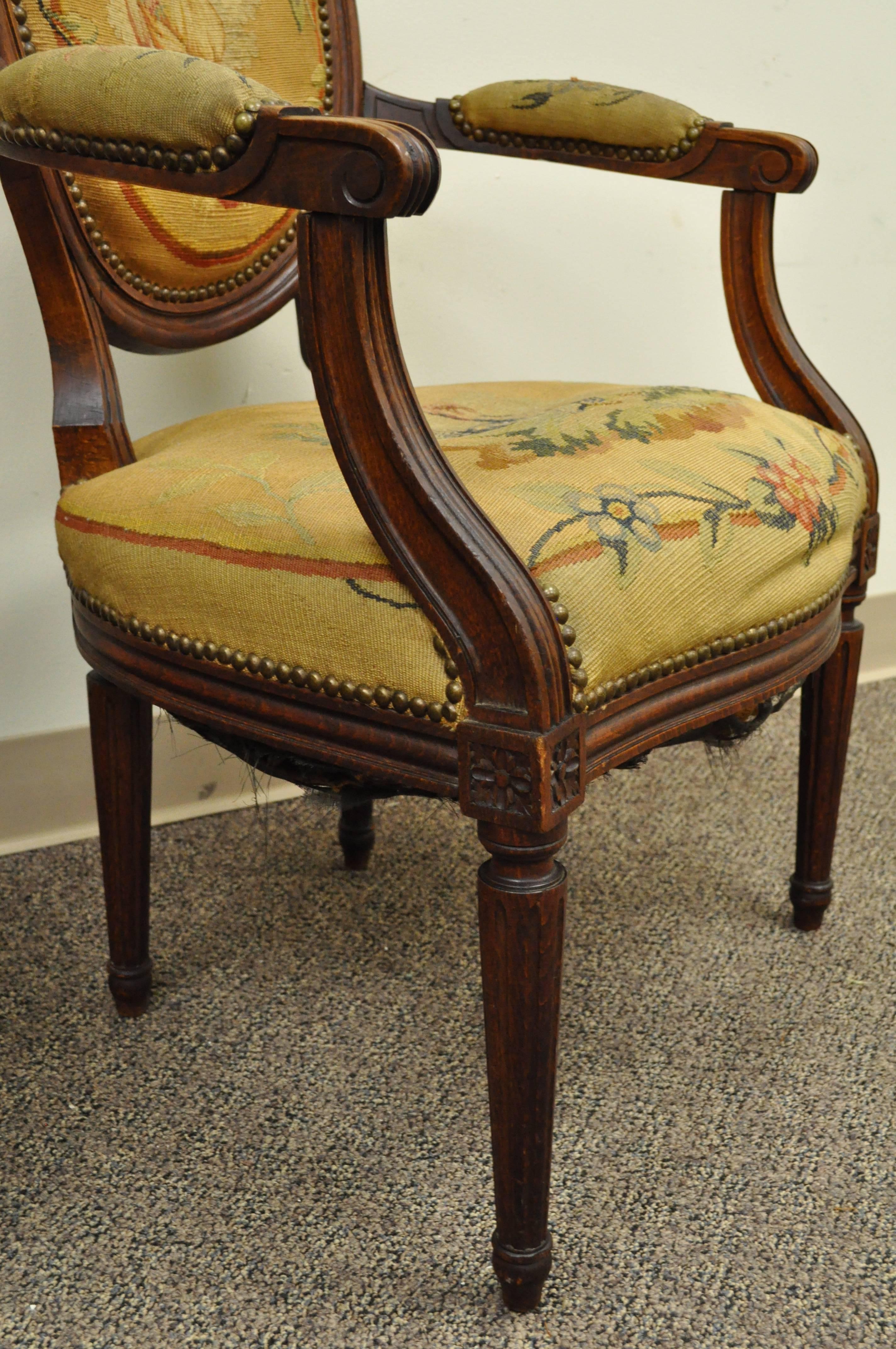 Upholstery Pair of 19th Century French Louis XVI Style Walnut Armchairs For Sale