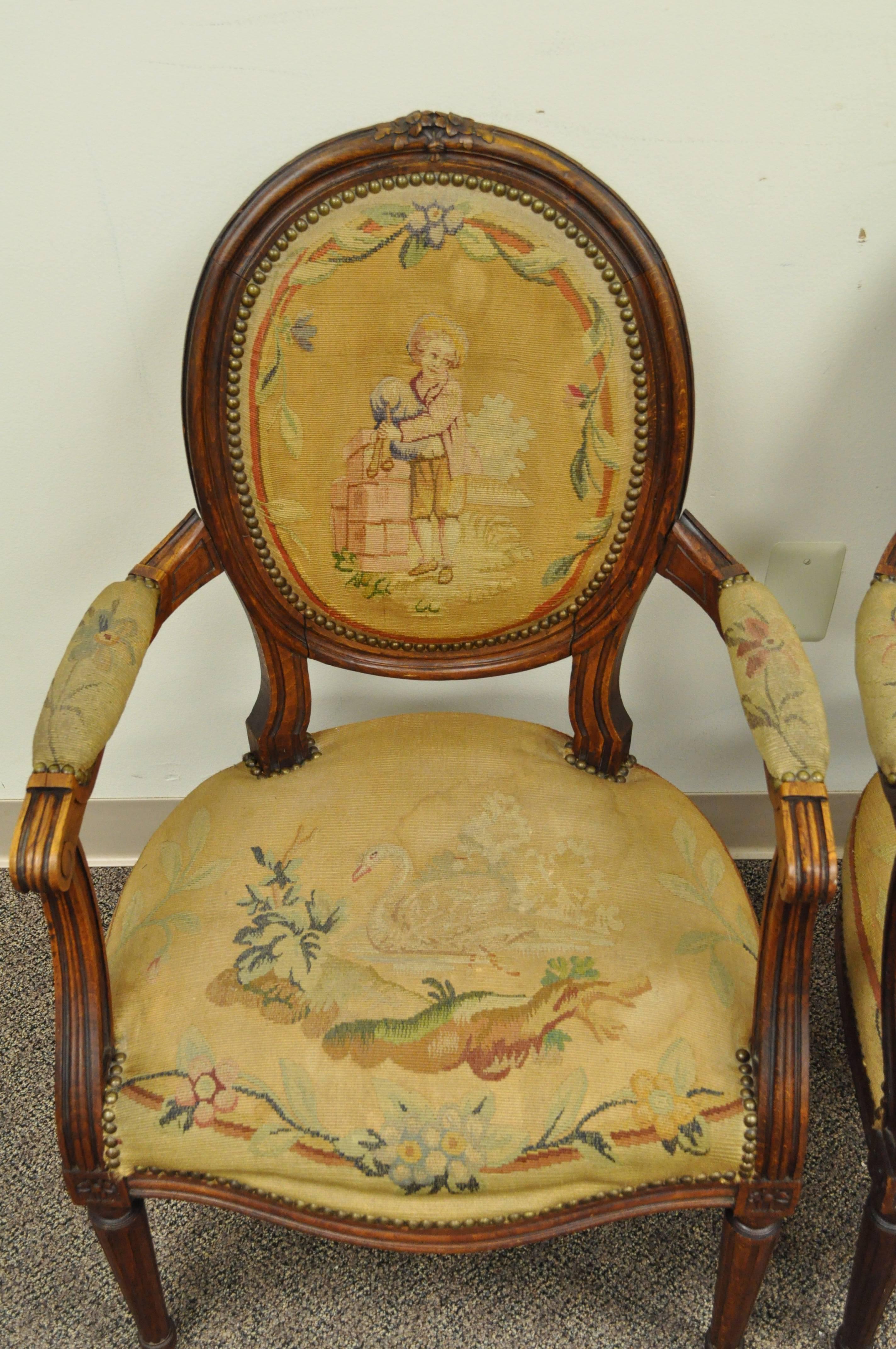 Pair of 19th Century French Louis XVI Style Walnut Armchairs For Sale 2