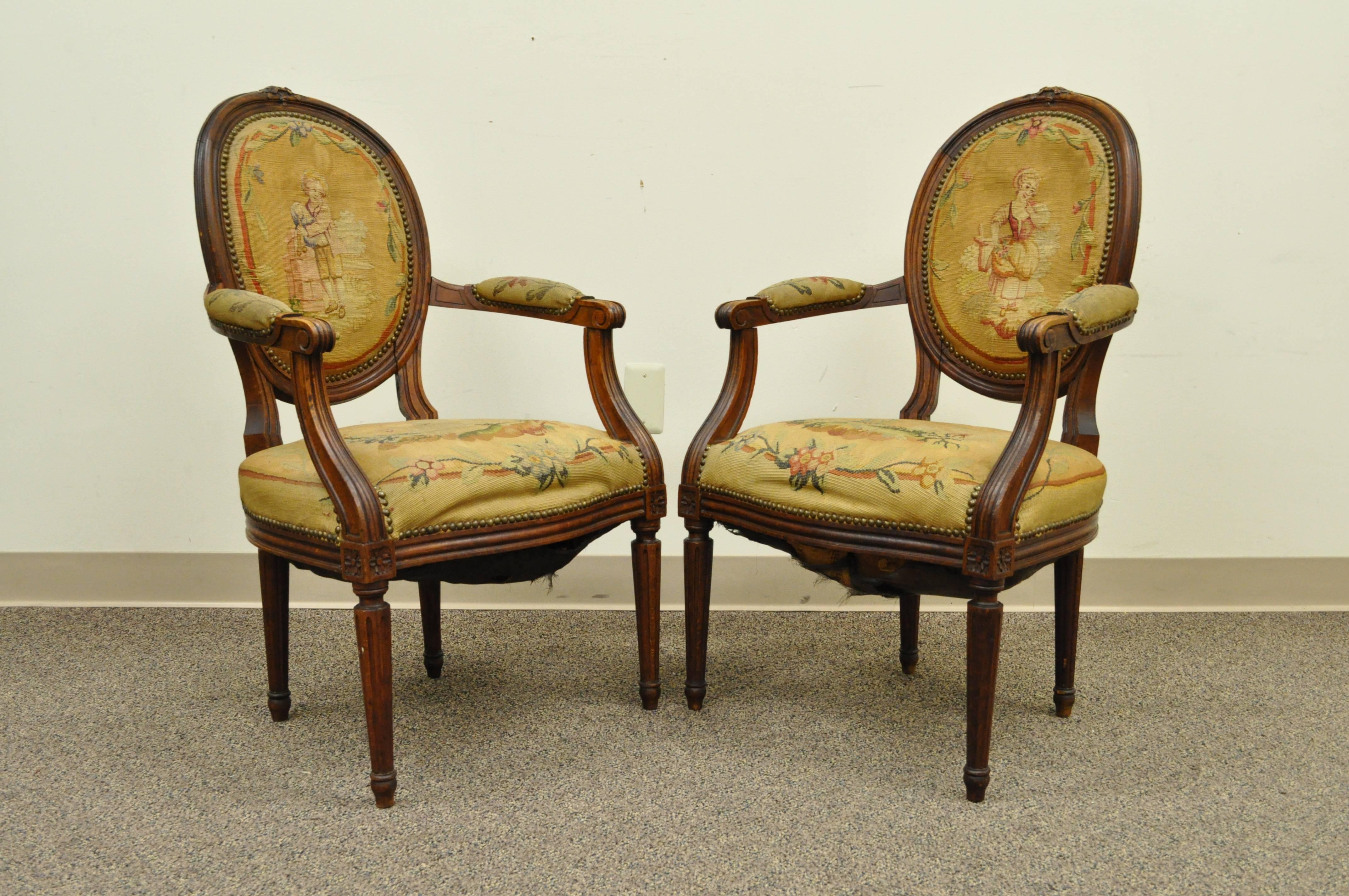 Carved Pair of 19th Century French Louis XVI Style Walnut Armchairs For Sale