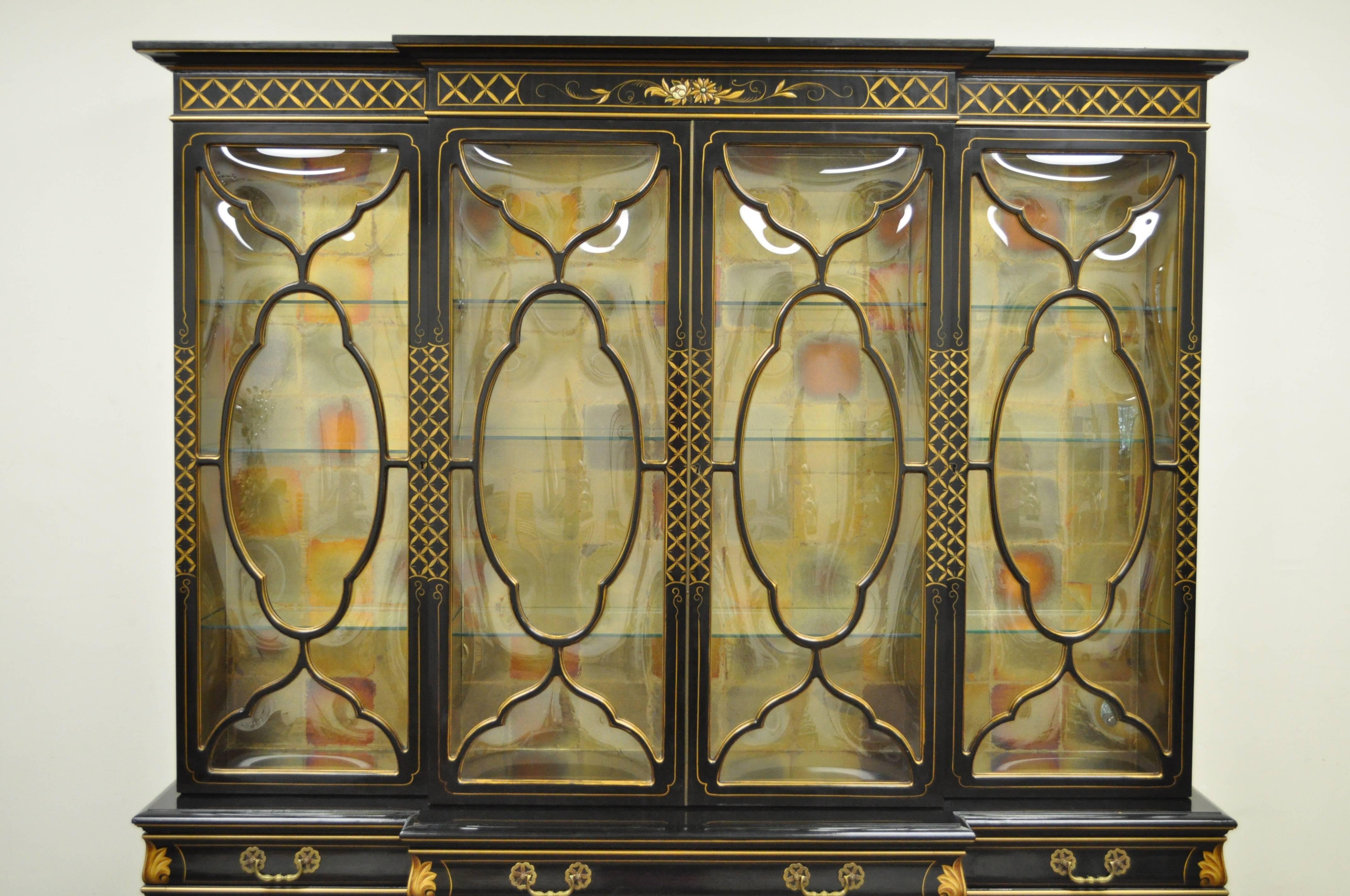 High quality vintage black oriental bubble glass breakfront with drop front leather top desk by Karges. This stately two part cabinet features bubble glass, hand-painted oriental scenes, drop front burgundy leather with gold gilt detailing, gold