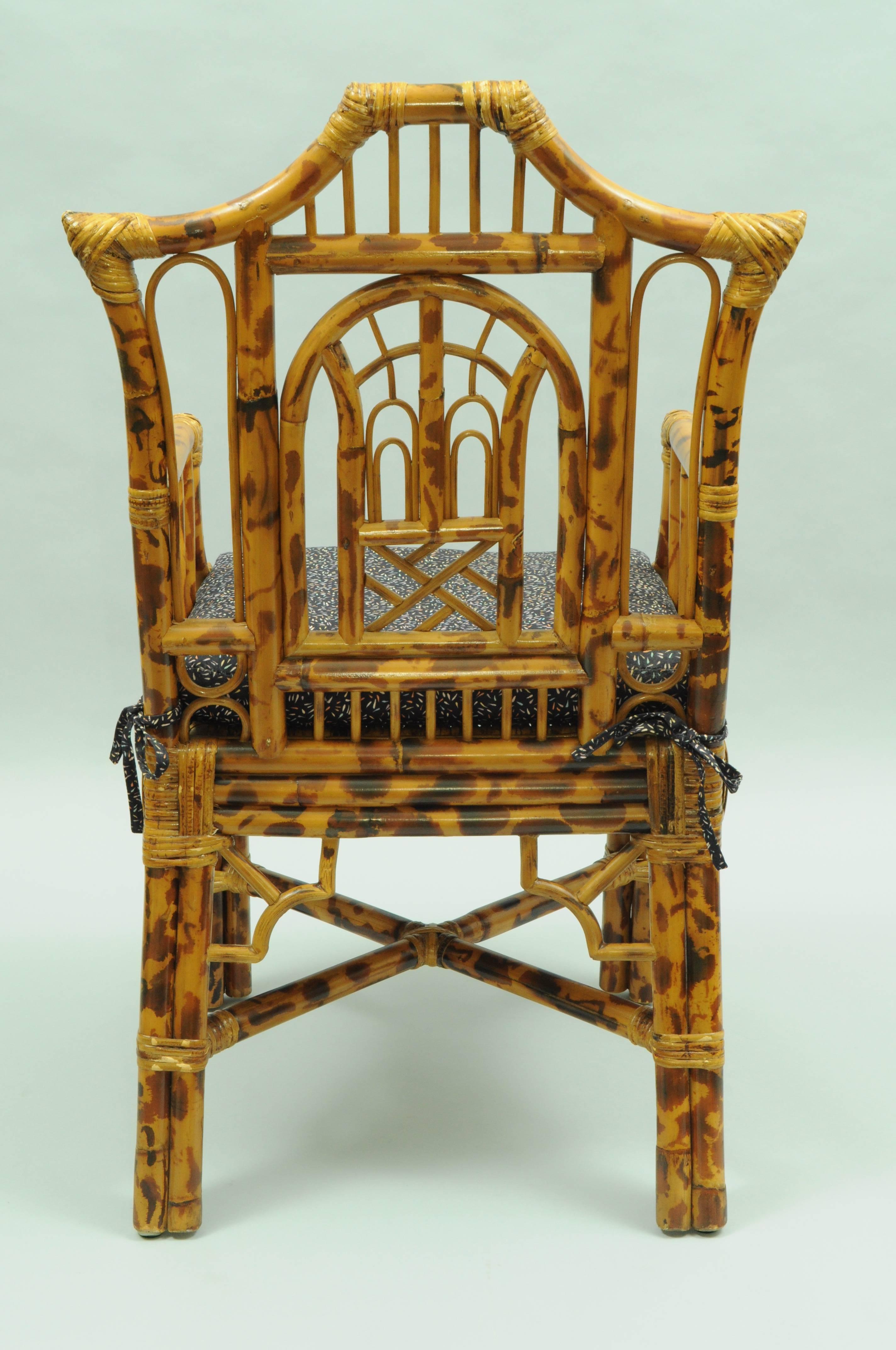 Philippine Hollywood Regency Chinese Chippendale Style Bamboo Rattan Armchair Chinoiserie