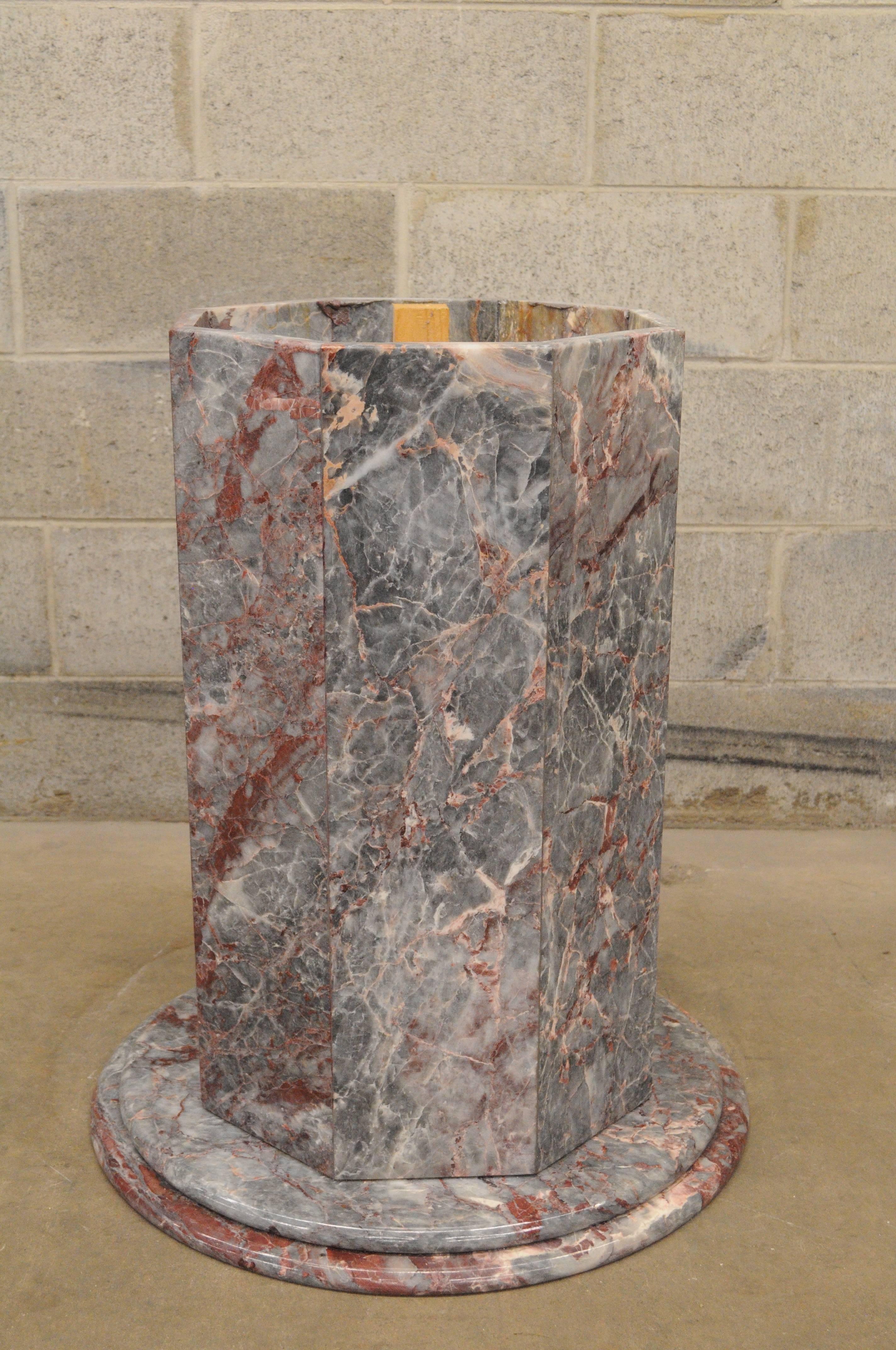 Unique vintage Italian rogue marble octagonal dining or center table pedestal base with grey and pink veins and round plinth (base only, no top). This item features an octagonal central column with round step down base and beautiful veins. Item will