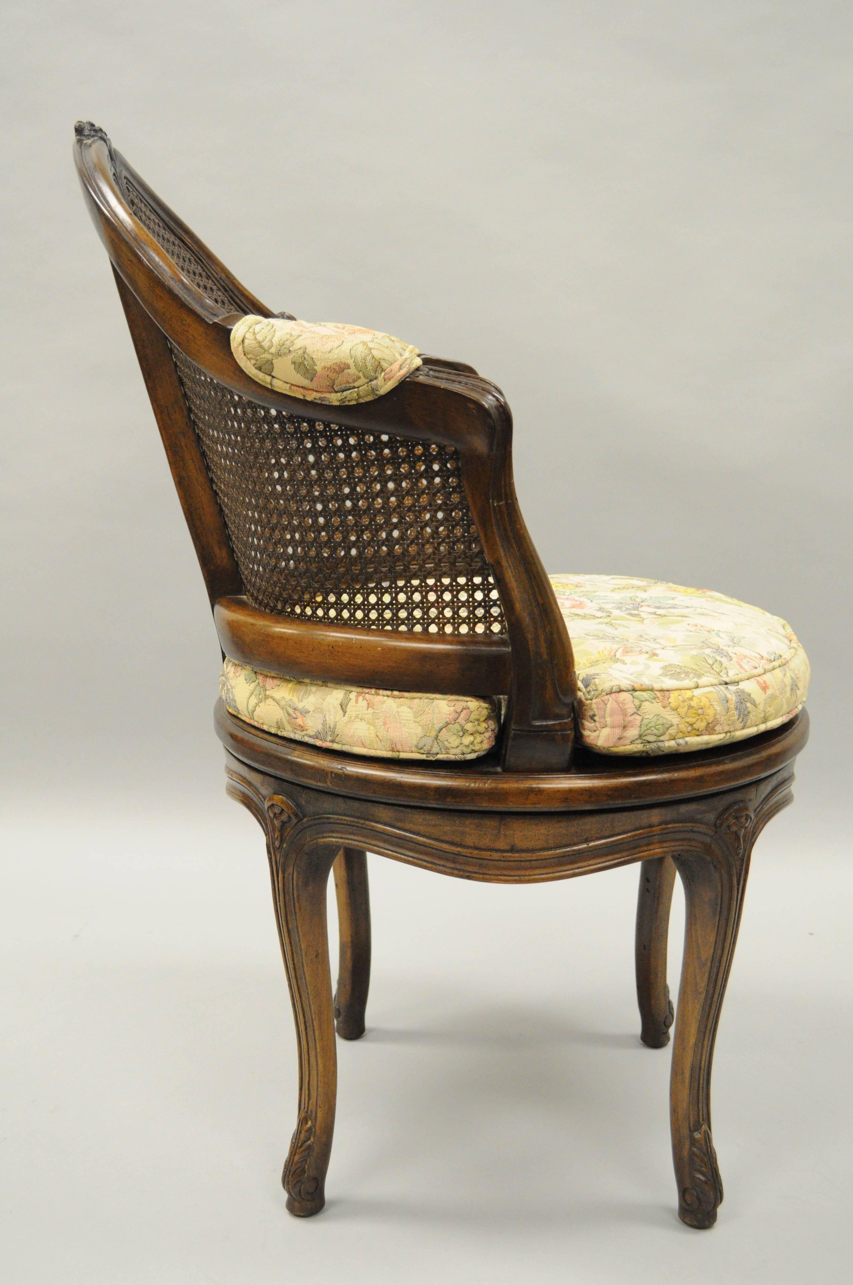 French Country Louis XV Style Swivel Vanity Chair Cane Back Boudoir Seat Walnut In Excellent Condition In Philadelphia, PA