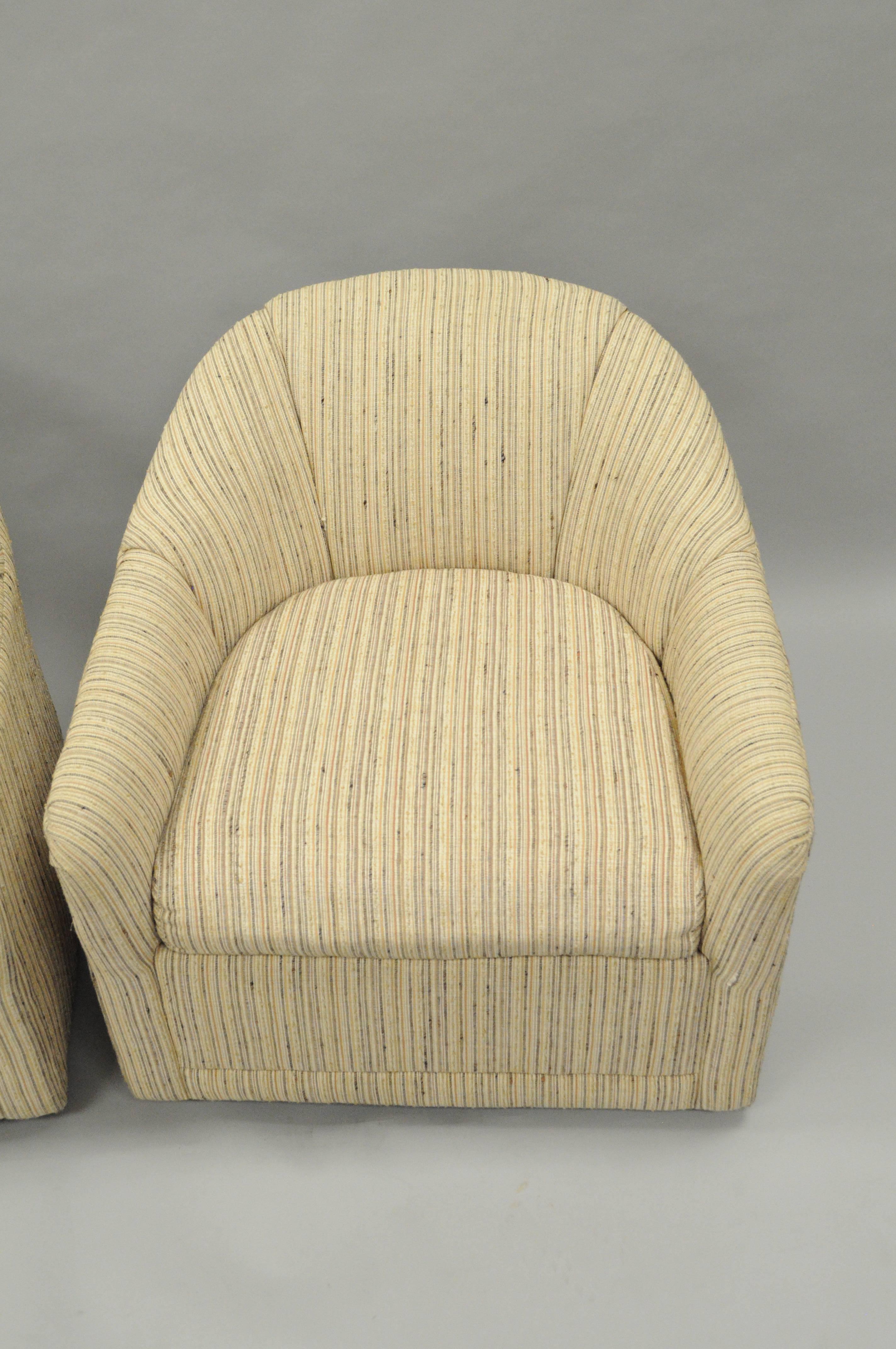 American Pair Selig Mid Century Modern Upholstered Barrel Back Swivel Club Lounge Chairs