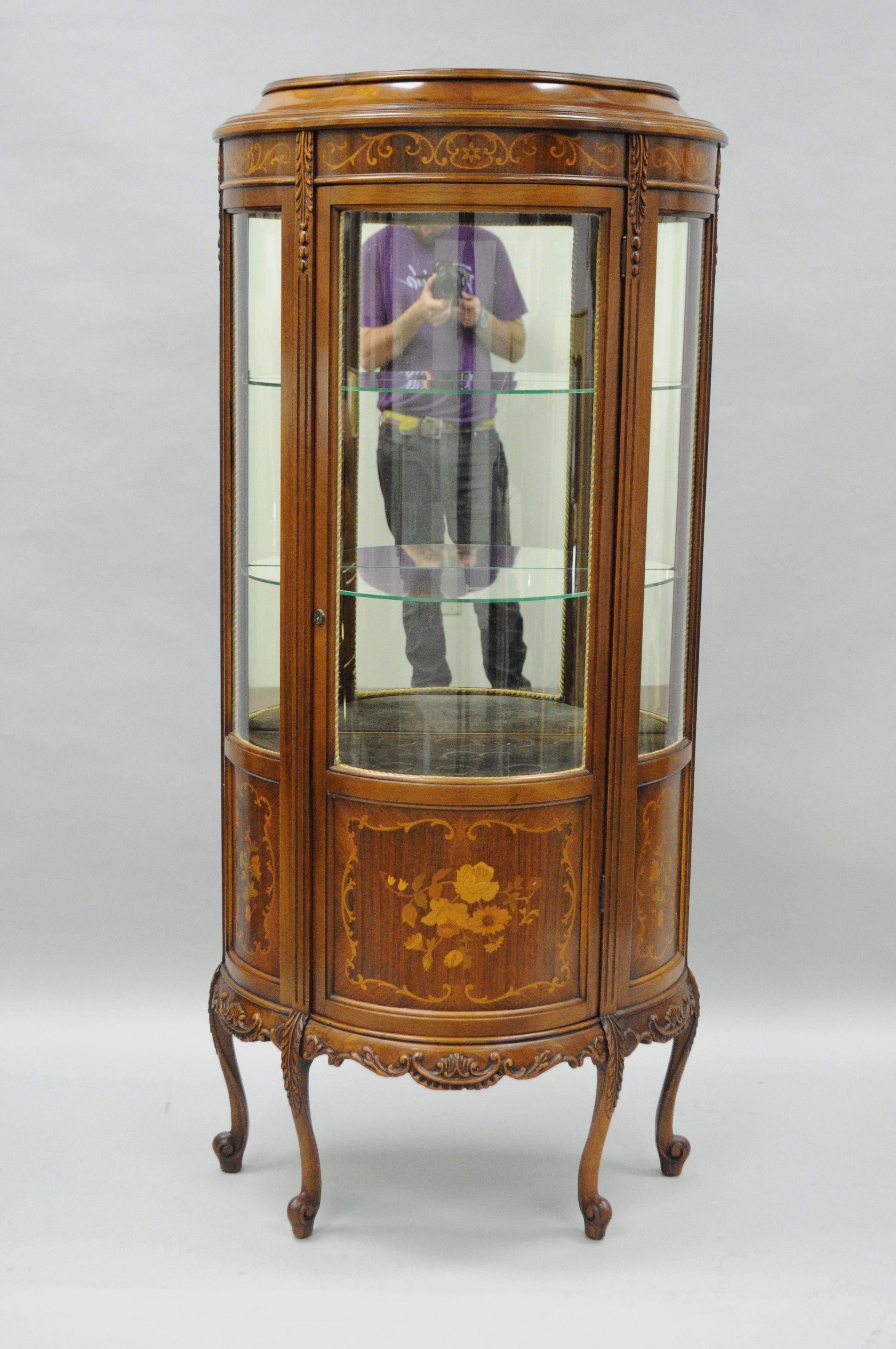 Small French Louis XV Style Curio Vitrine Display Case Curved Glass and Inlaid 2