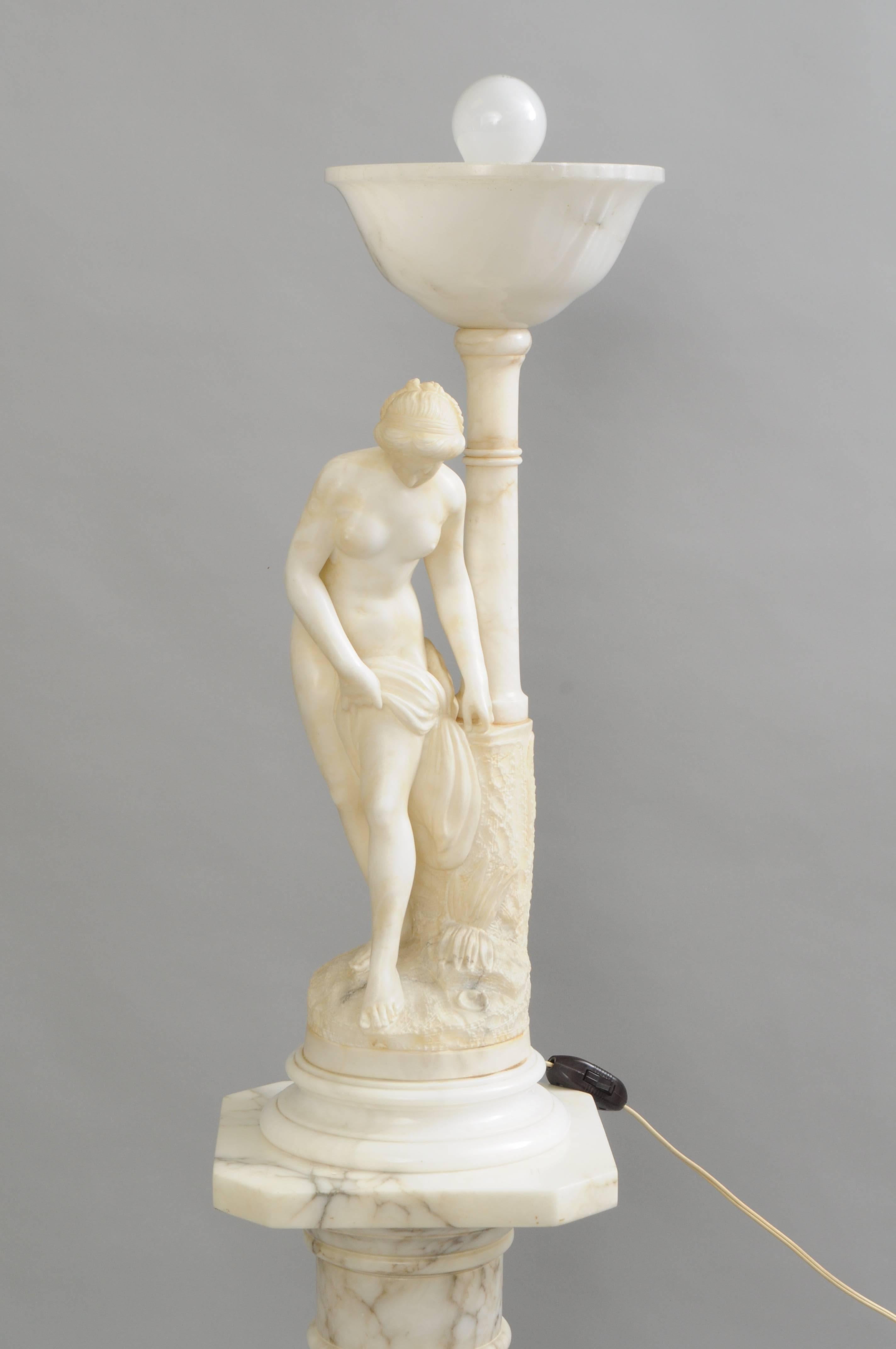 Art Nouveau Carved Alabaster & Marble Lamp on Pedestal Figural Nude Deco Maiden In Good Condition In Philadelphia, PA