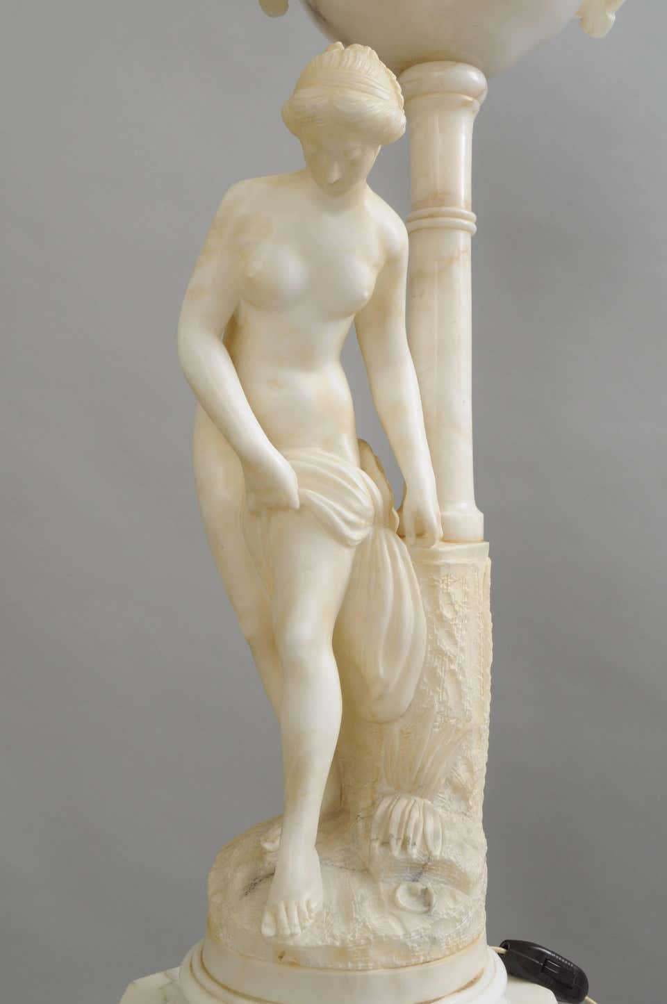 Art Nouveau Carved Alabaster & Marble Lamp on Pedestal Figural Nude Deco Maiden In Good Condition For Sale In Philadelphia, PA