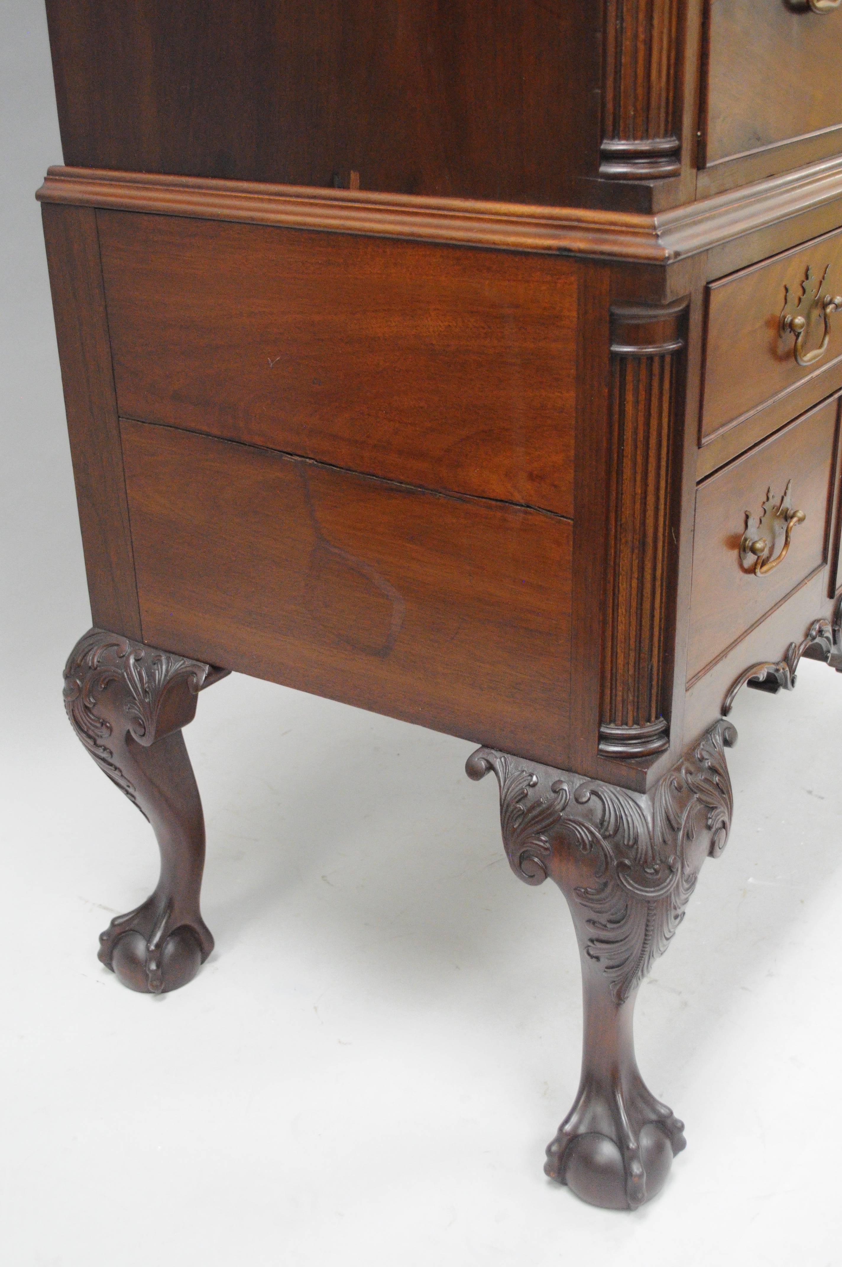 Carved 19th C. Crotch Mahogany Chippendale Ball and Claw Highboy Tall Chest of Drawers For Sale
