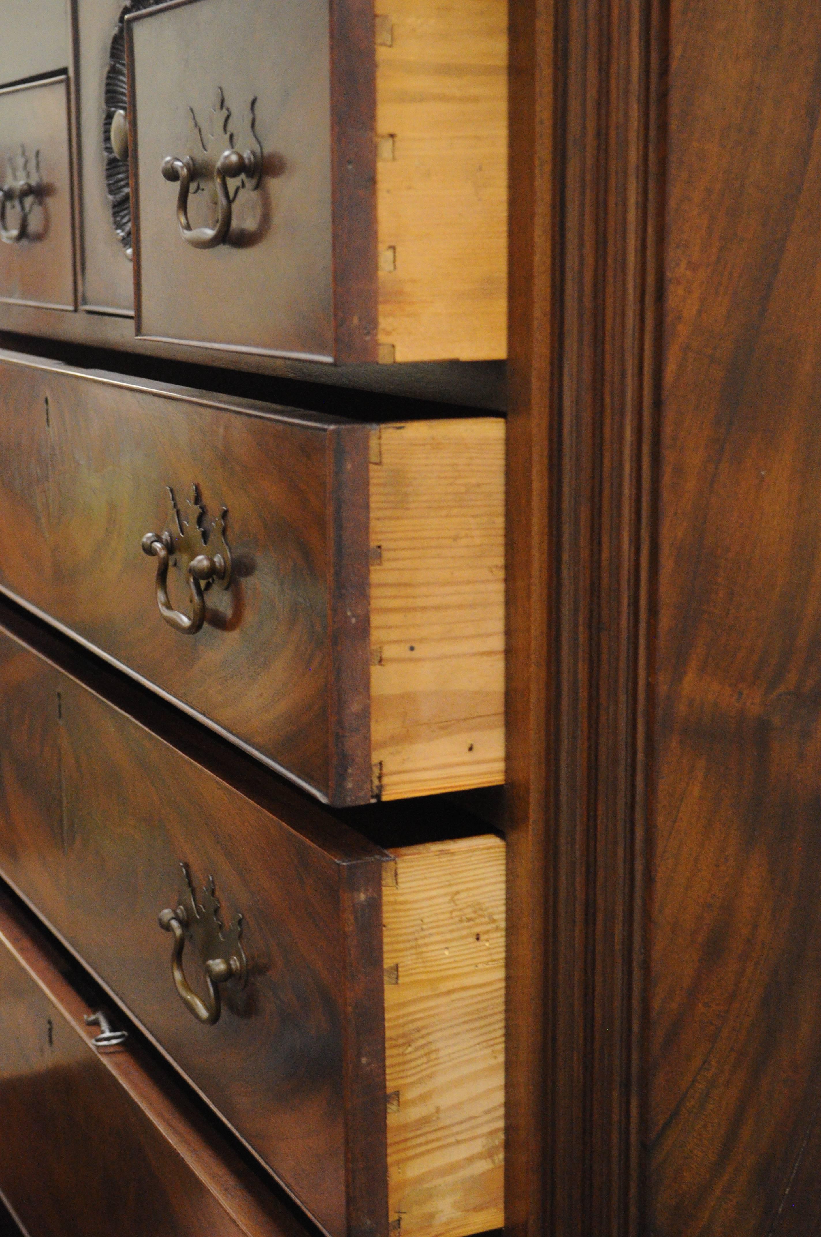 American 19th C. Crotch Mahogany Chippendale Ball and Claw Highboy Tall Chest of Drawers For Sale