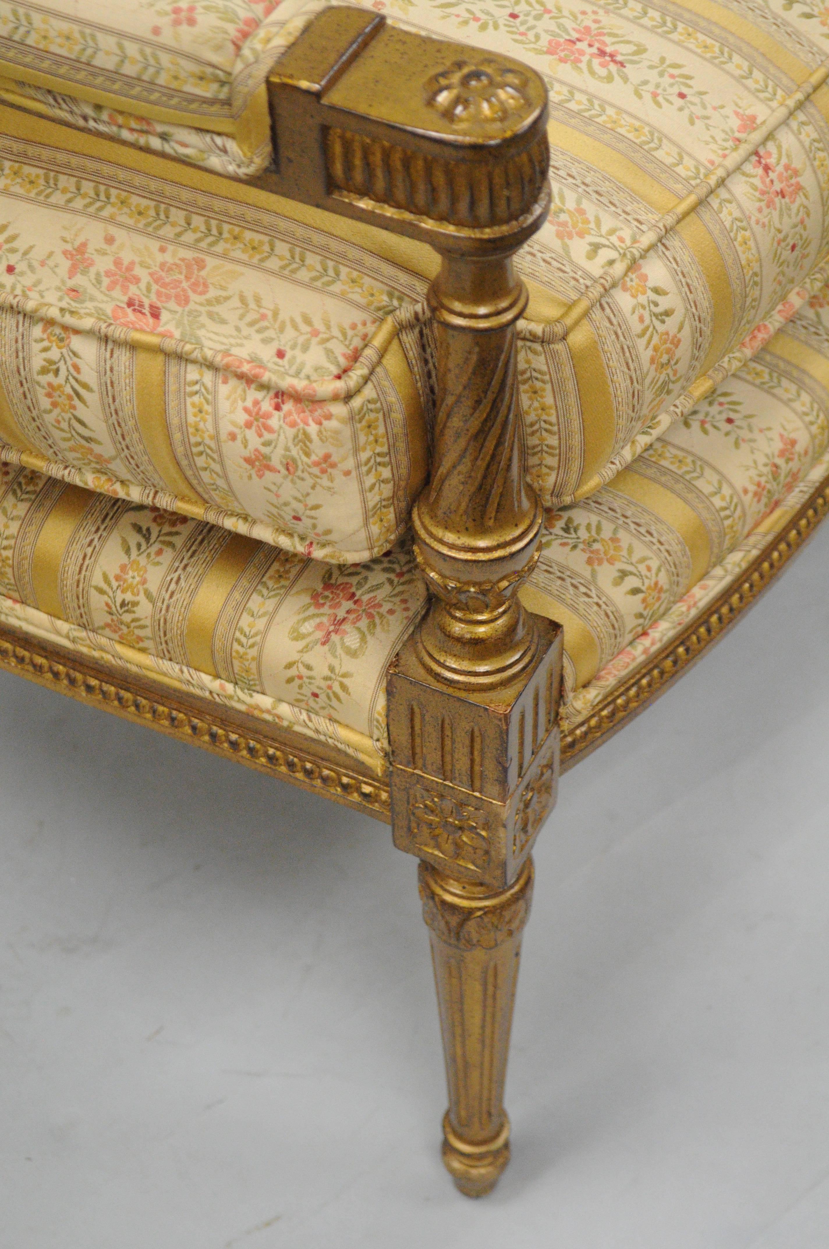 American Gold French Louis XVI Directoire Style Settee Loveseat Carved Upholstered Sofa