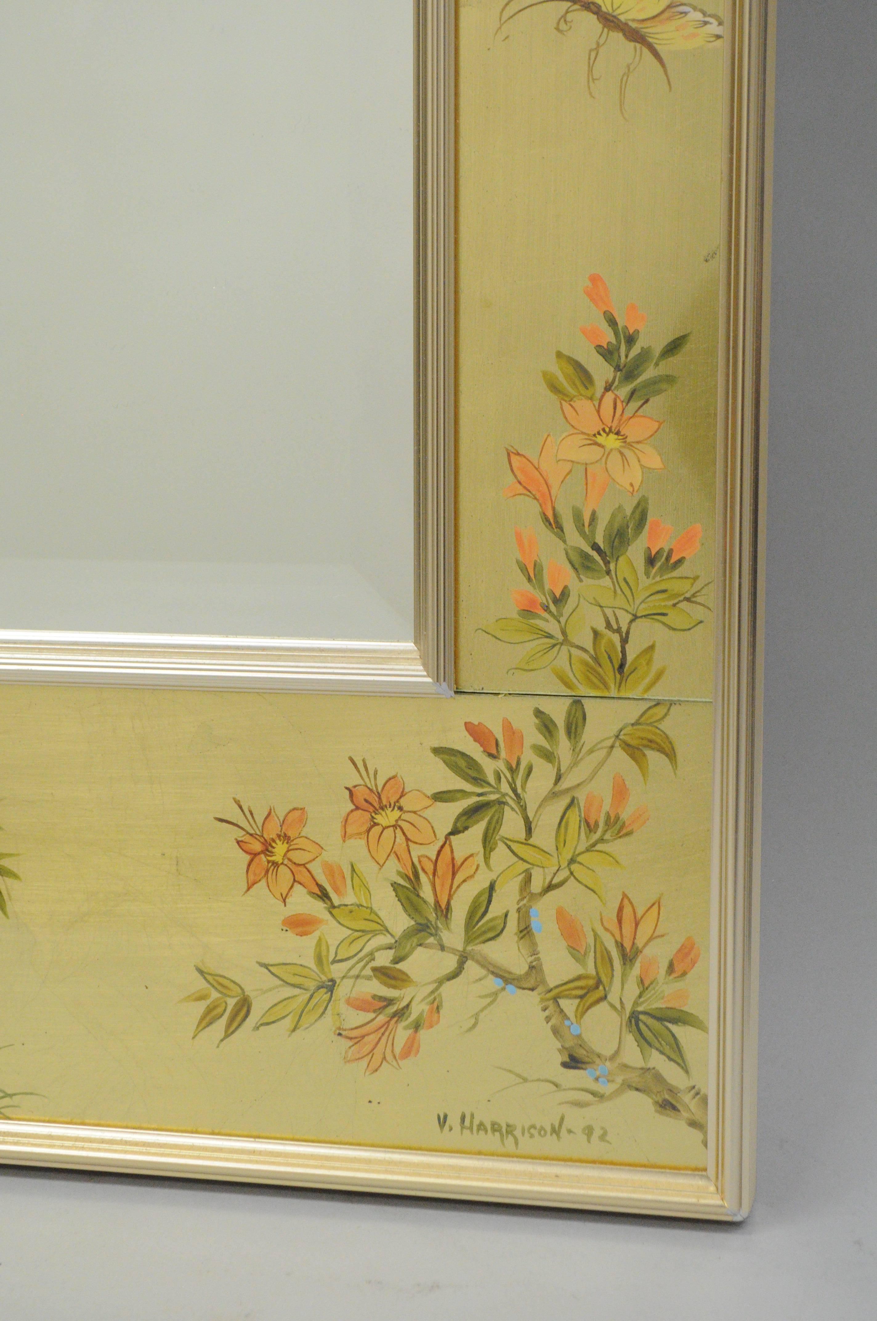 Labarge Chinoiserie Style Gold Eglomise Wall Mirror Reverse Painted Asian Signed In Good Condition In Philadelphia, PA